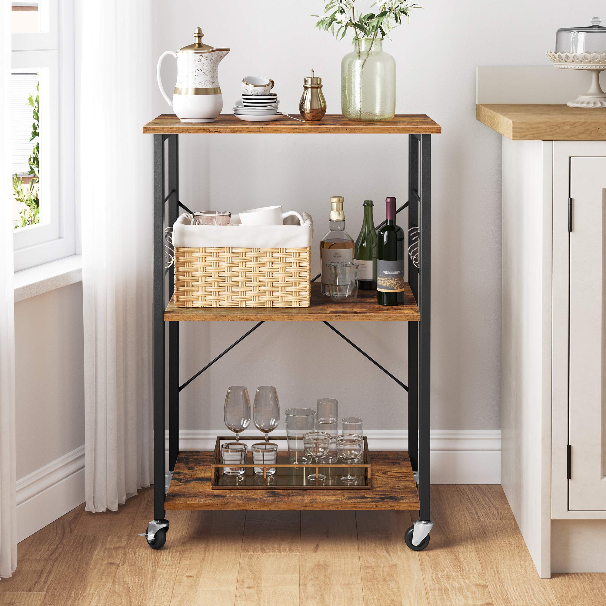 VASAGLE kitchen cart with hooks six removable S-shaped hooks keep utensils organized.