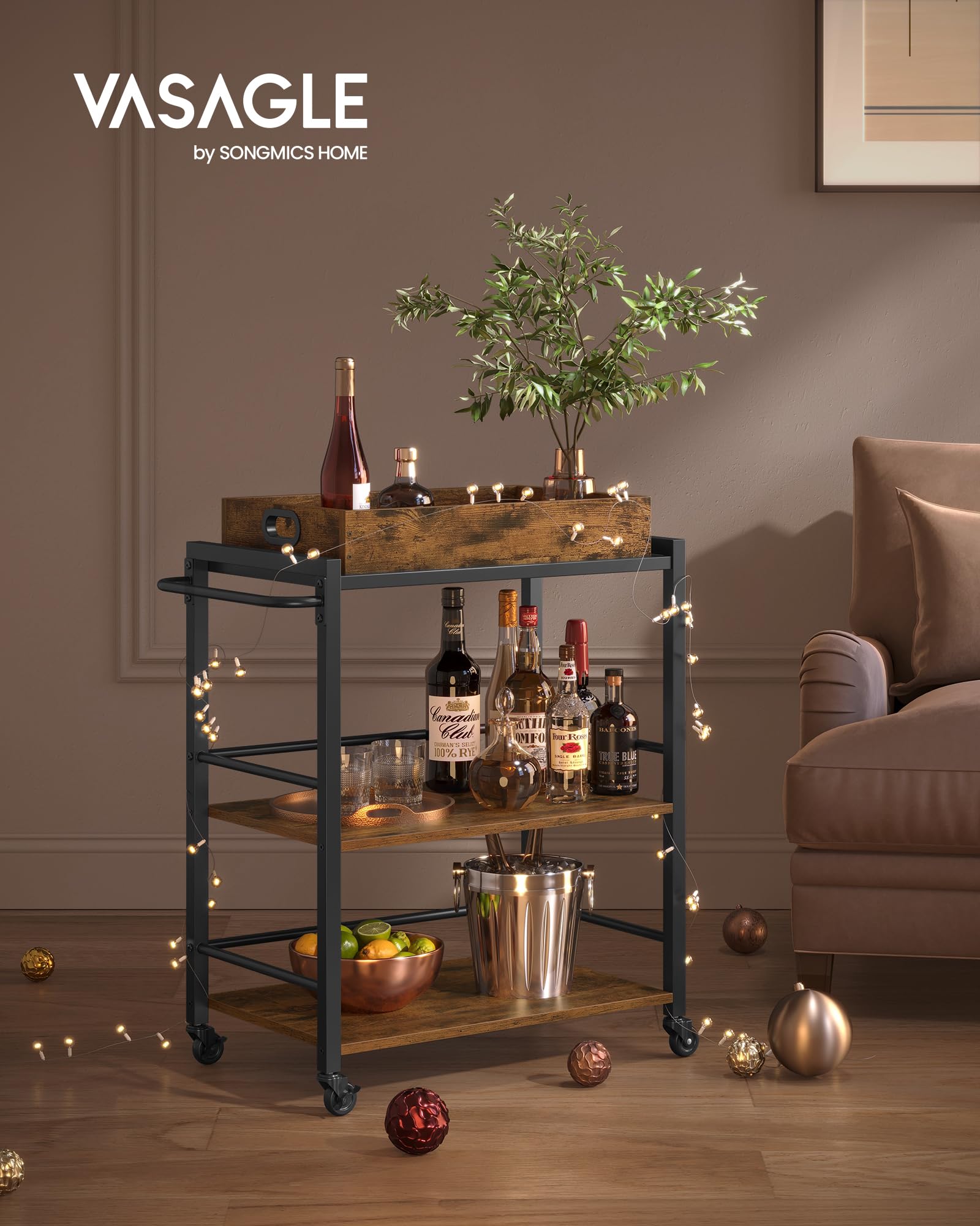 VASAGLE three-shelf cart ideal for dishes and desserts with a sturdy steel frame.