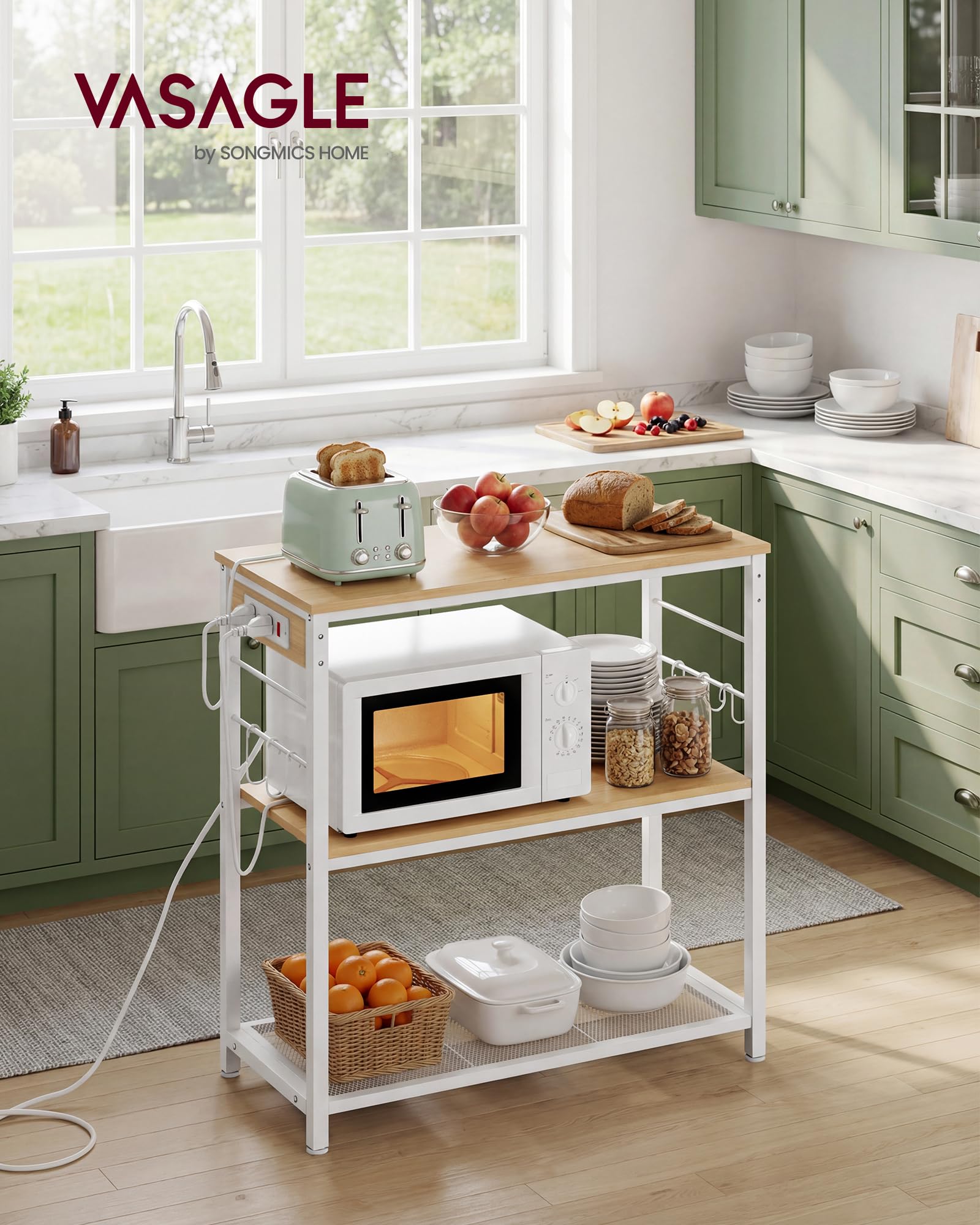 VASAGLE kitchen island mesh bottom shelf provides ventilation and accessible storage.
