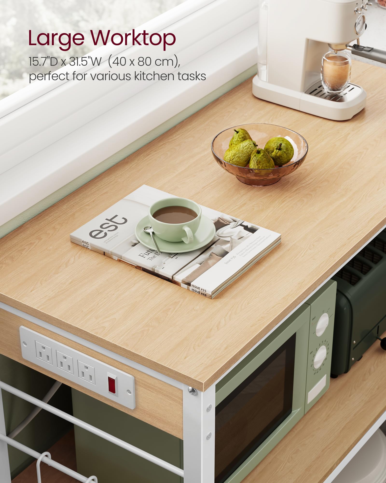 VASAGLE kitchen island built-in power strip for convenient appliance access.