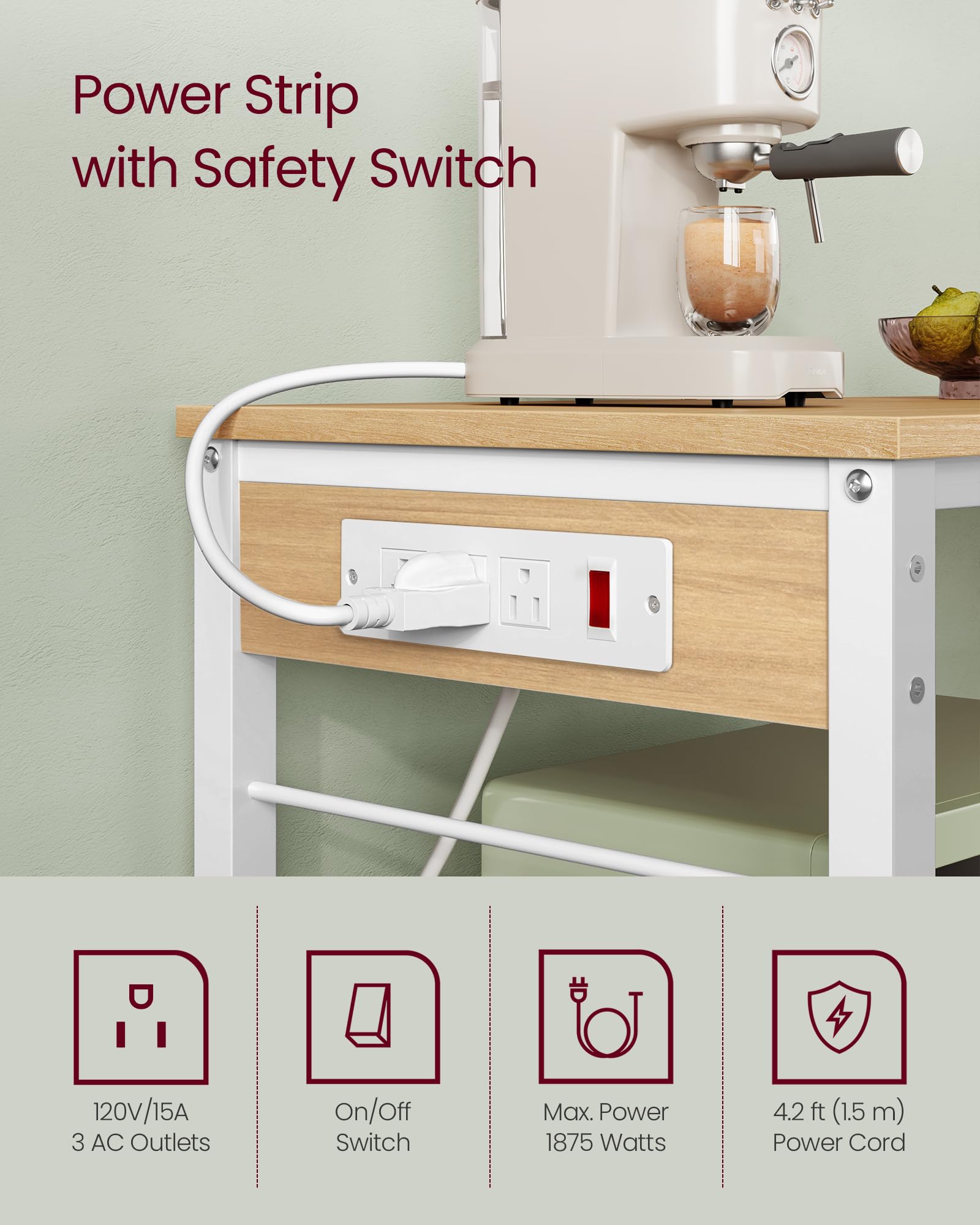VASAGLE kitchen island six hooks organize utensils and towels neatly.