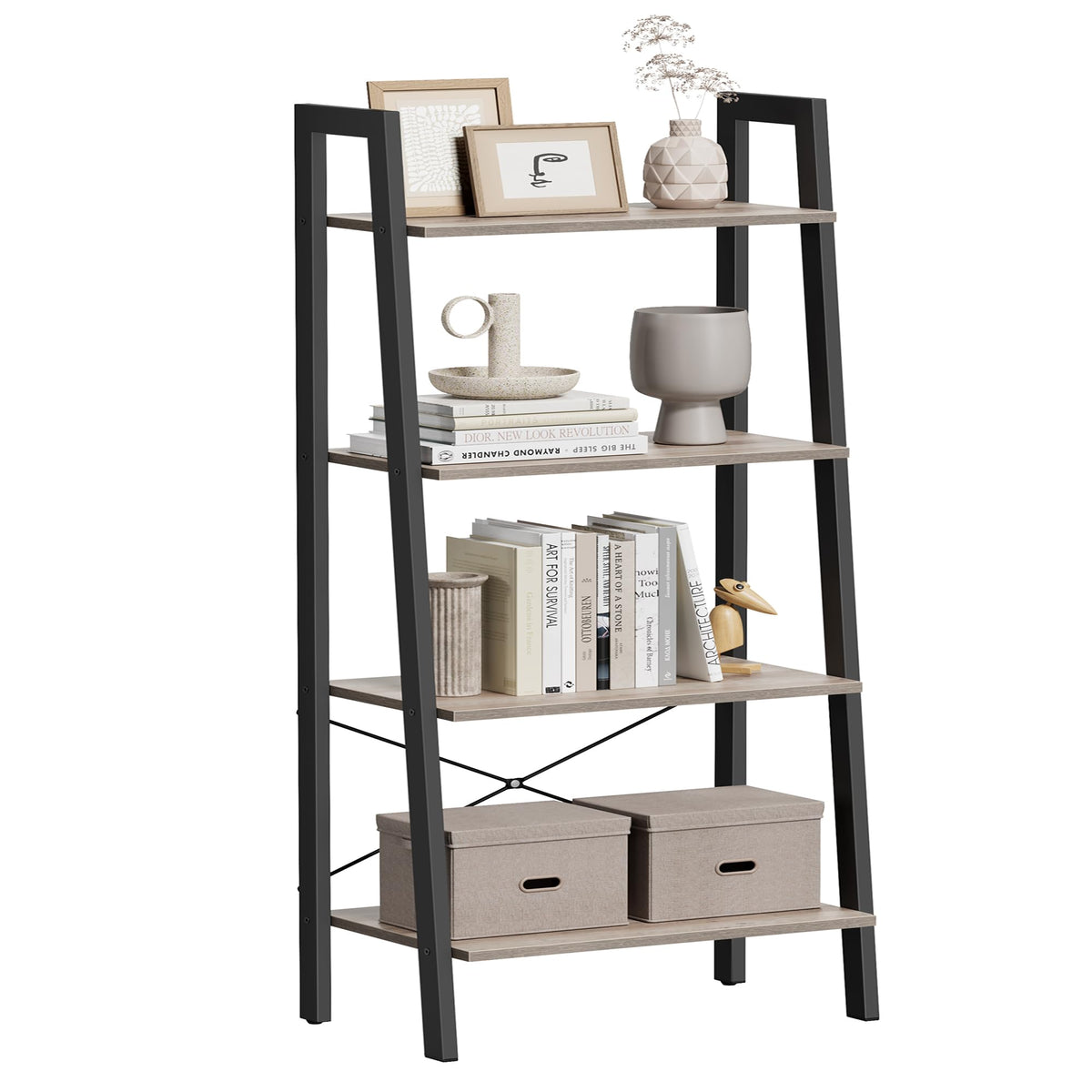 VASAGLE ladder shelf in a living room, neatly displaying books and decor for organized style.