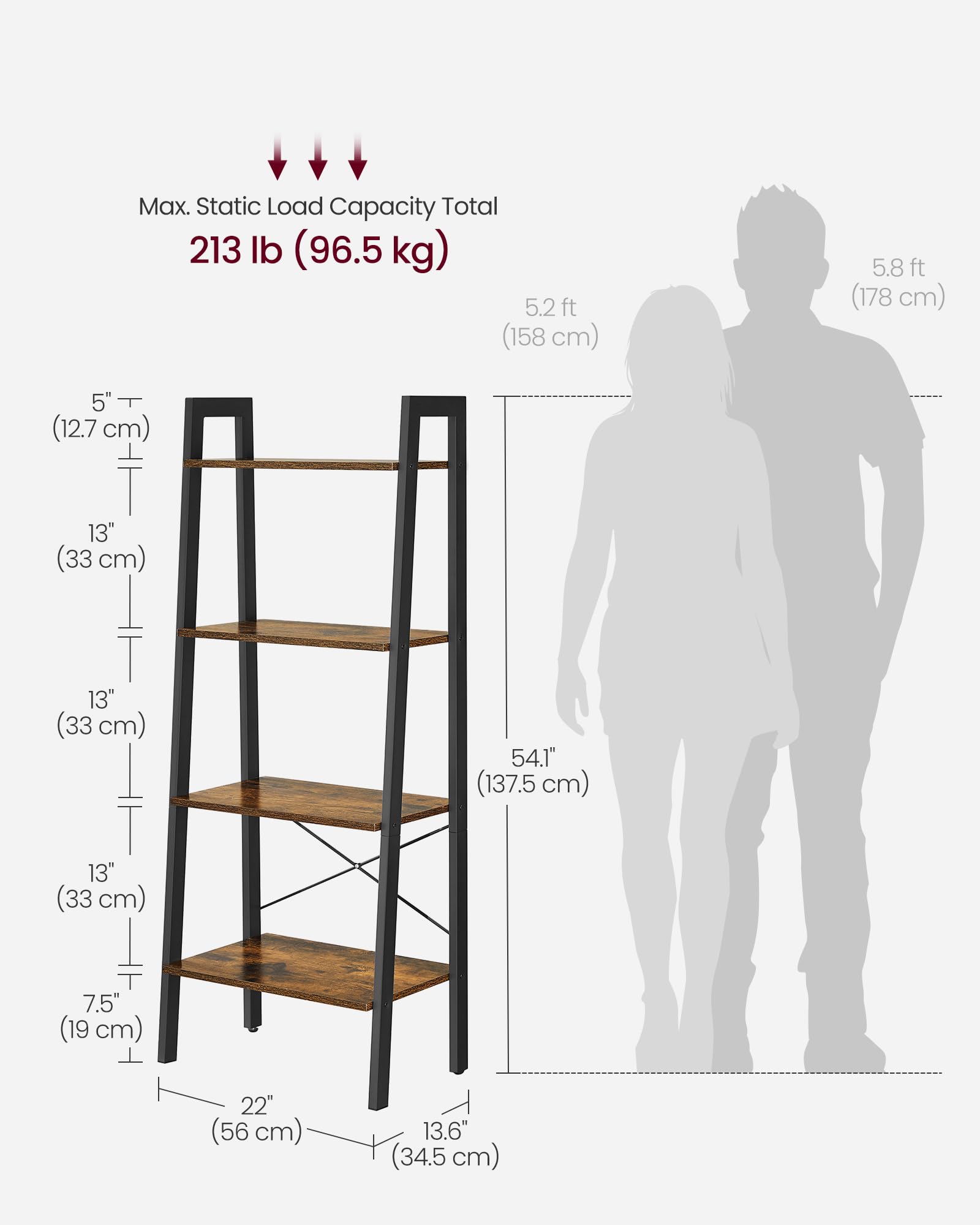 VASAGLE ladder shelf detail highlights adjustable feet and anti-tip kit for balance