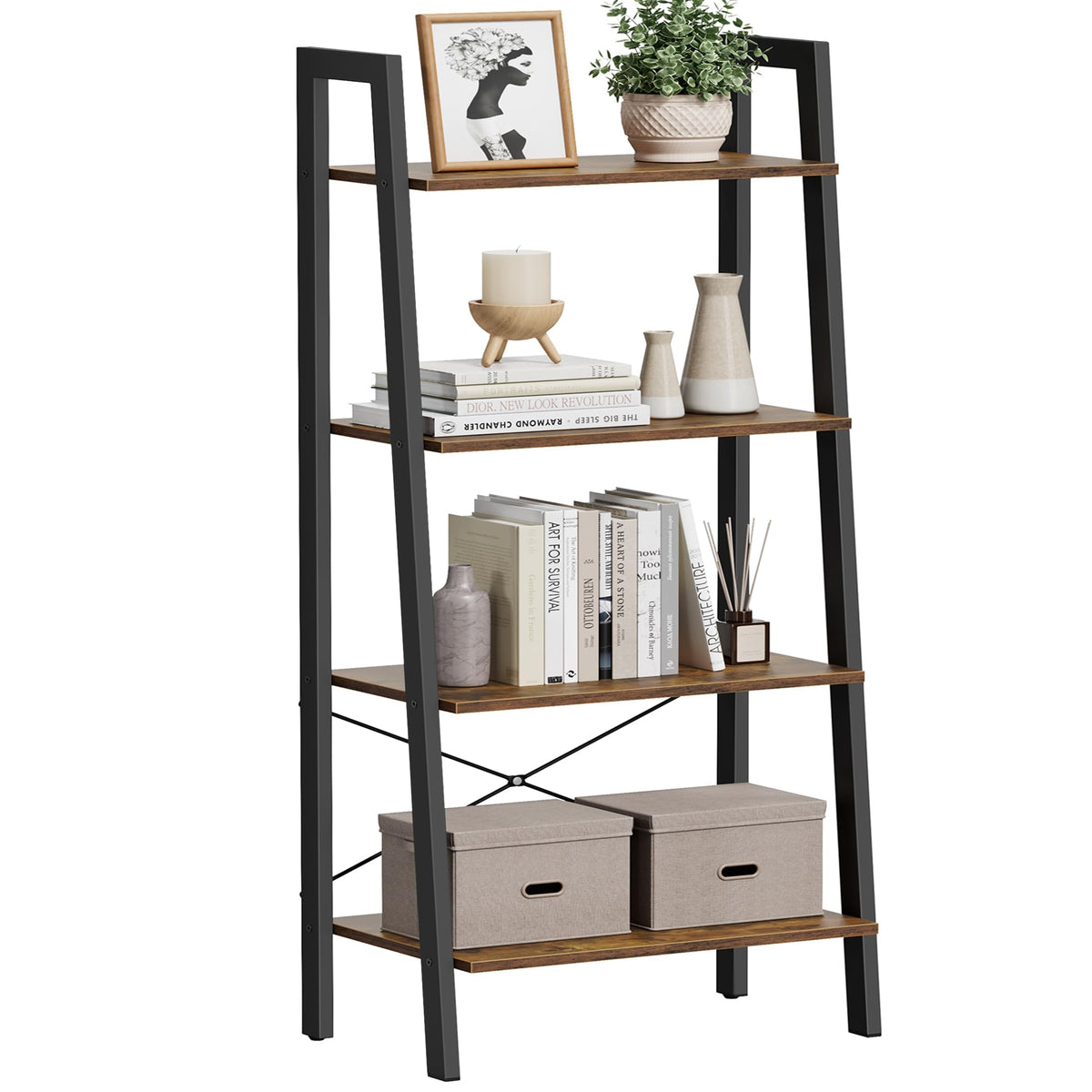 VASAGLE ladder shelf front view in rustic brown and ink black, ideal for living room display