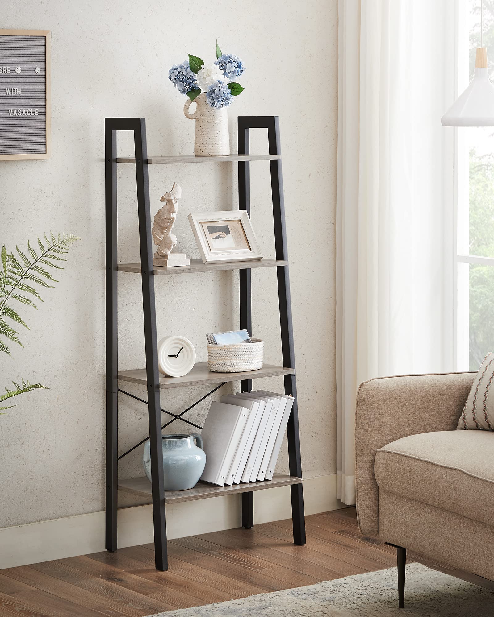 VASAGLE ladder shelf in Heather Greige complements neutral interiors with warm tone.