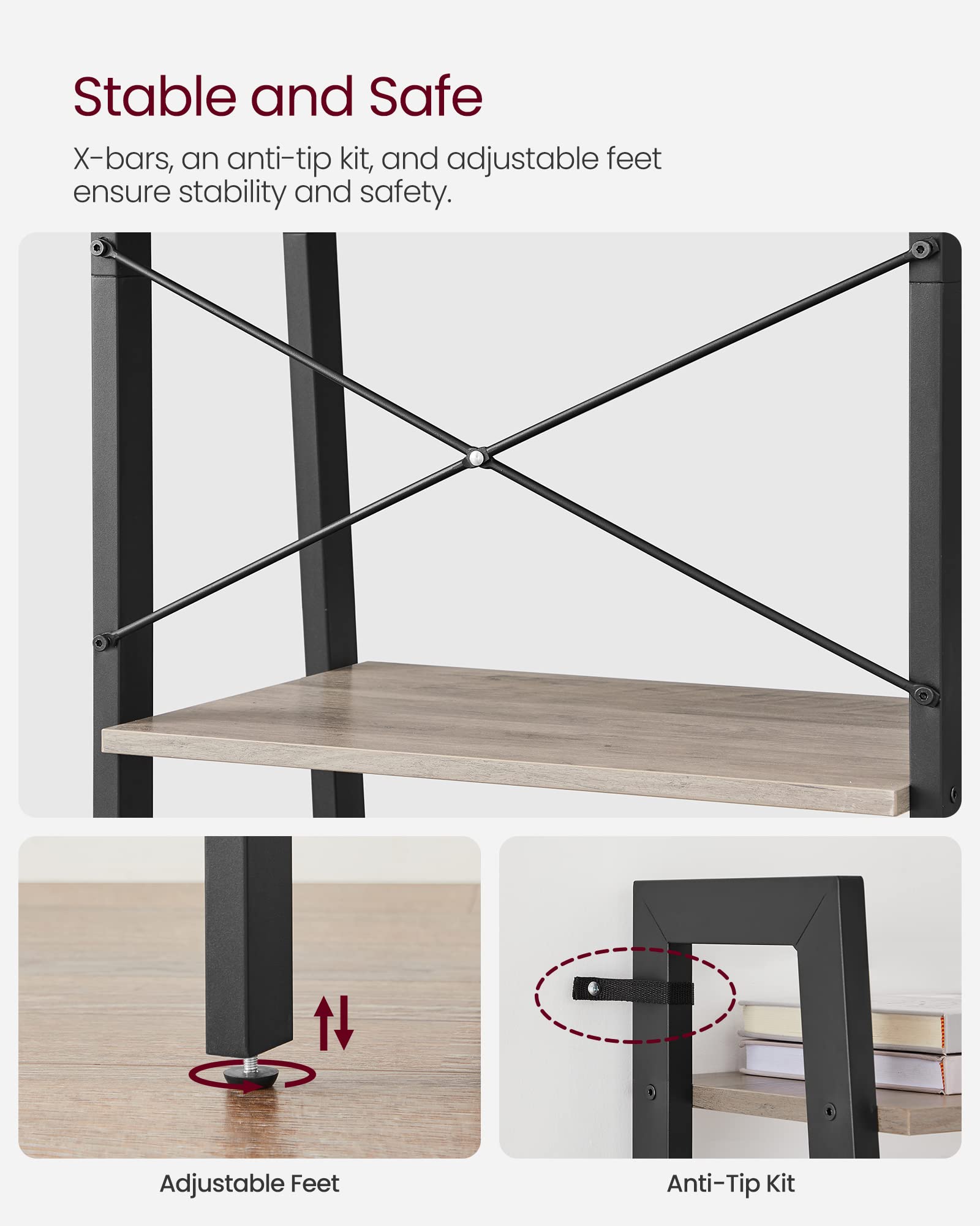 VASAGLE ladder shelf ink black frame adds bold contrast to a home office.