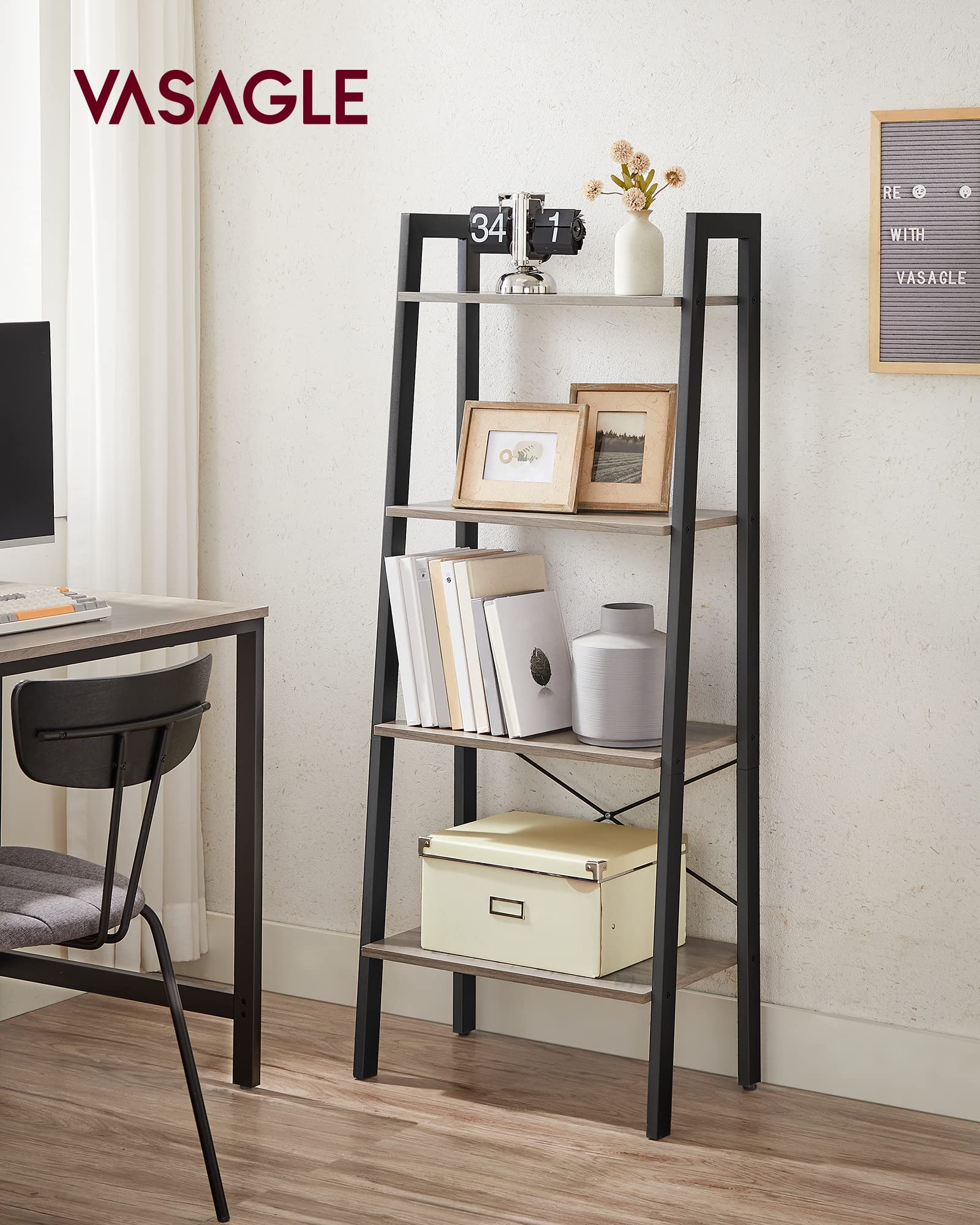 VASAGLE ladder shelf storage rack shown in a compact corner for space-saving organization.