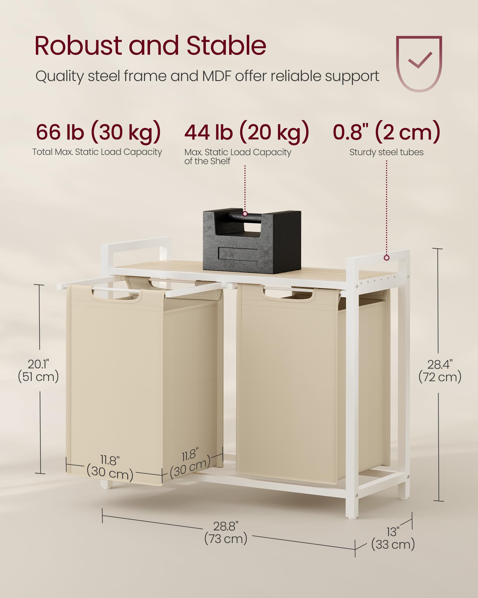 VASAGLE Laundry Hamper adjustable feet keep the unit level on uneven floors.
