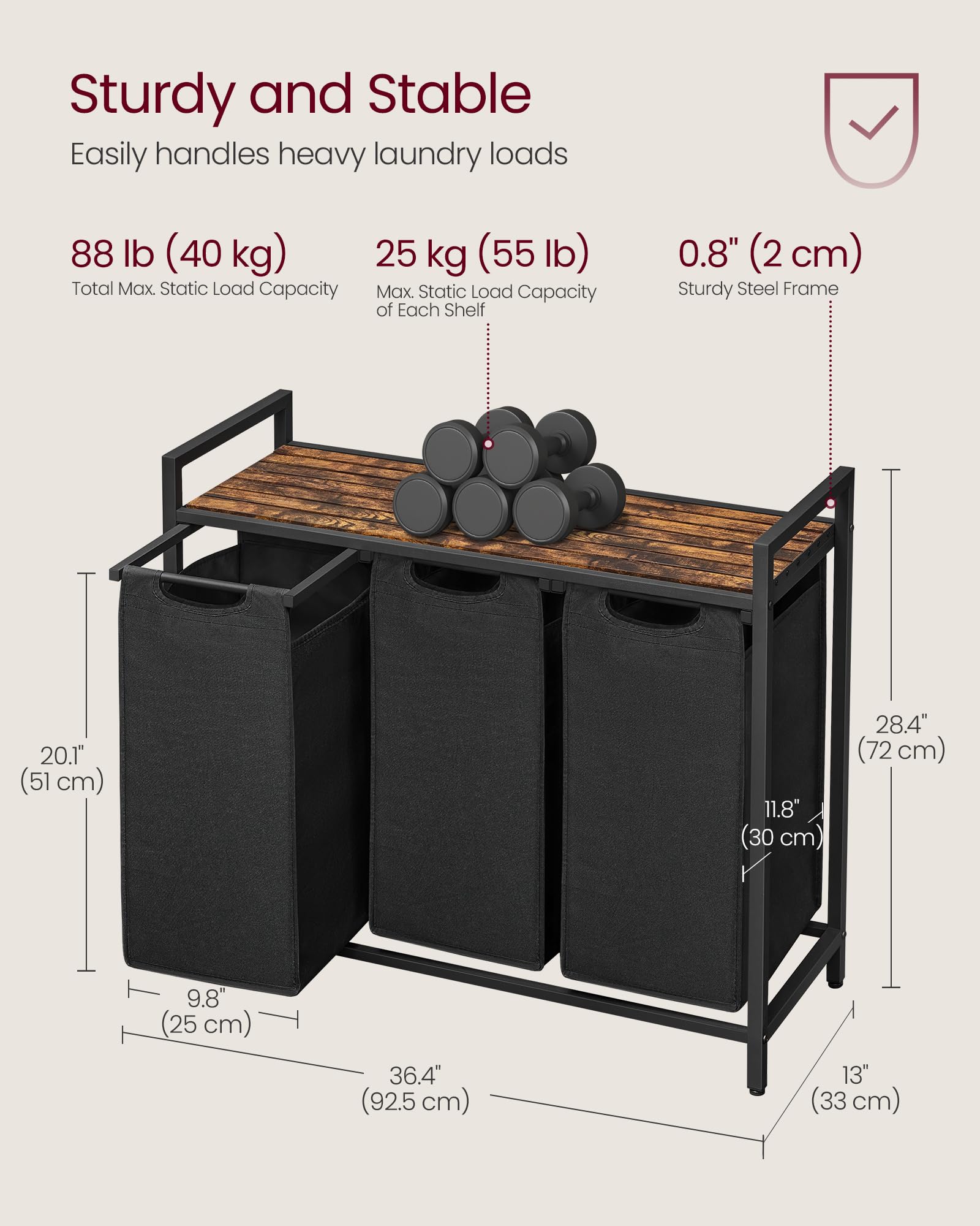 VASAGLE dimensions in inches illustrating a compact yet spacious footprint.