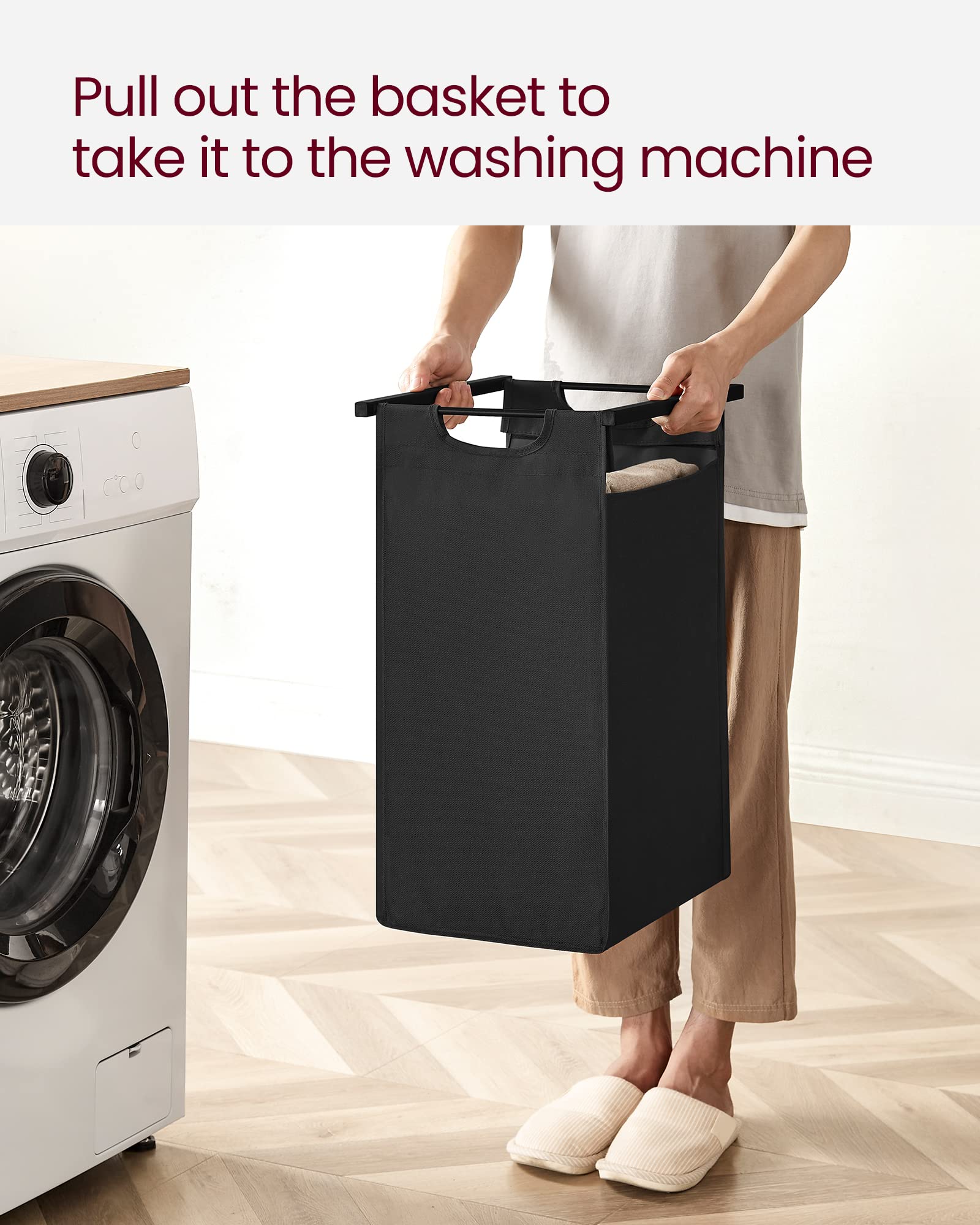 VASAGLE laundry hamper room setup illustrates organized space with labeled storage options