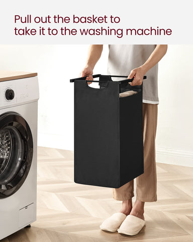 VASAGLE laundry hamper room setup illustrates organized space with labeled storage options