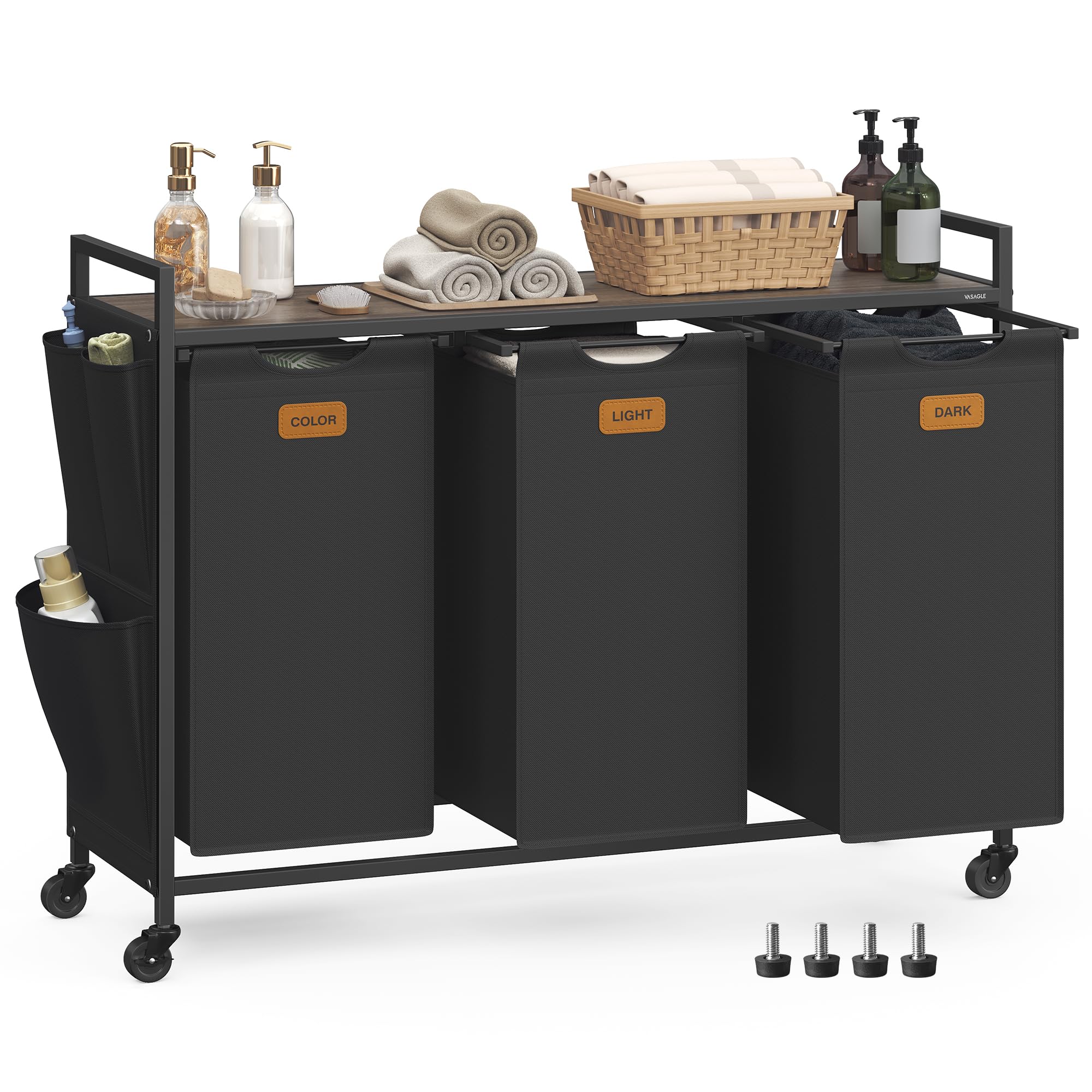 VASAGLE laundry hamper top shelf holds detergents and accessories for easy access