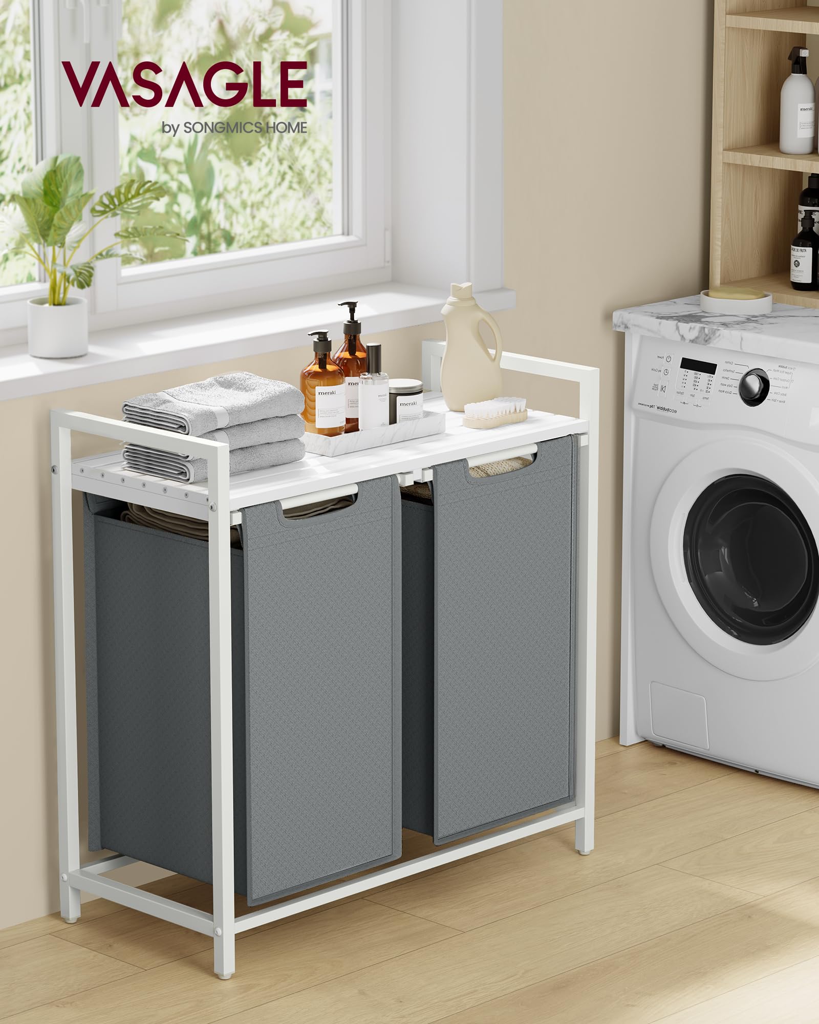 VASAGLE laundry hamper top shelf showing airflow for odor control