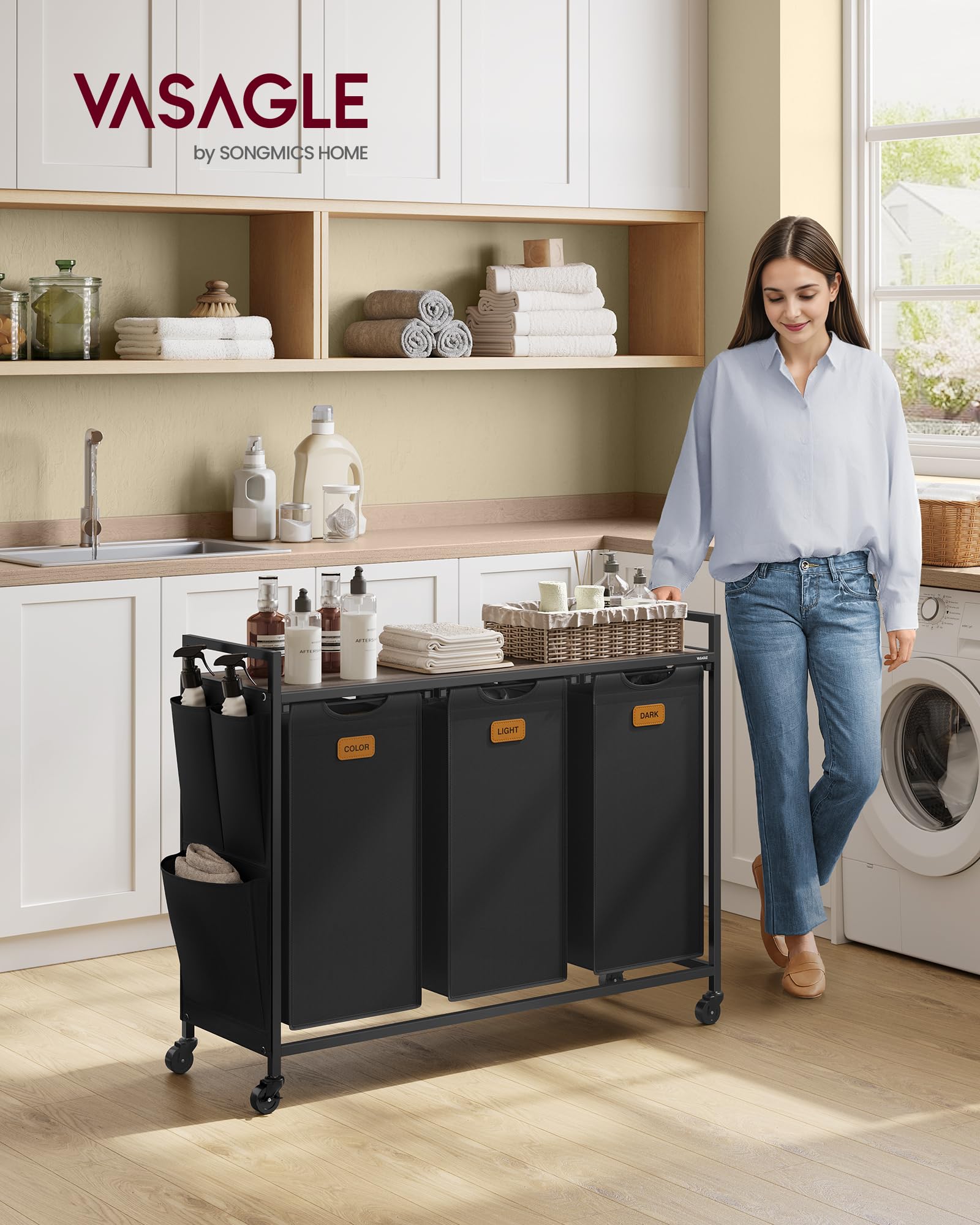 VASAGLE three-basket sorter keeps laundry organized by family member or load