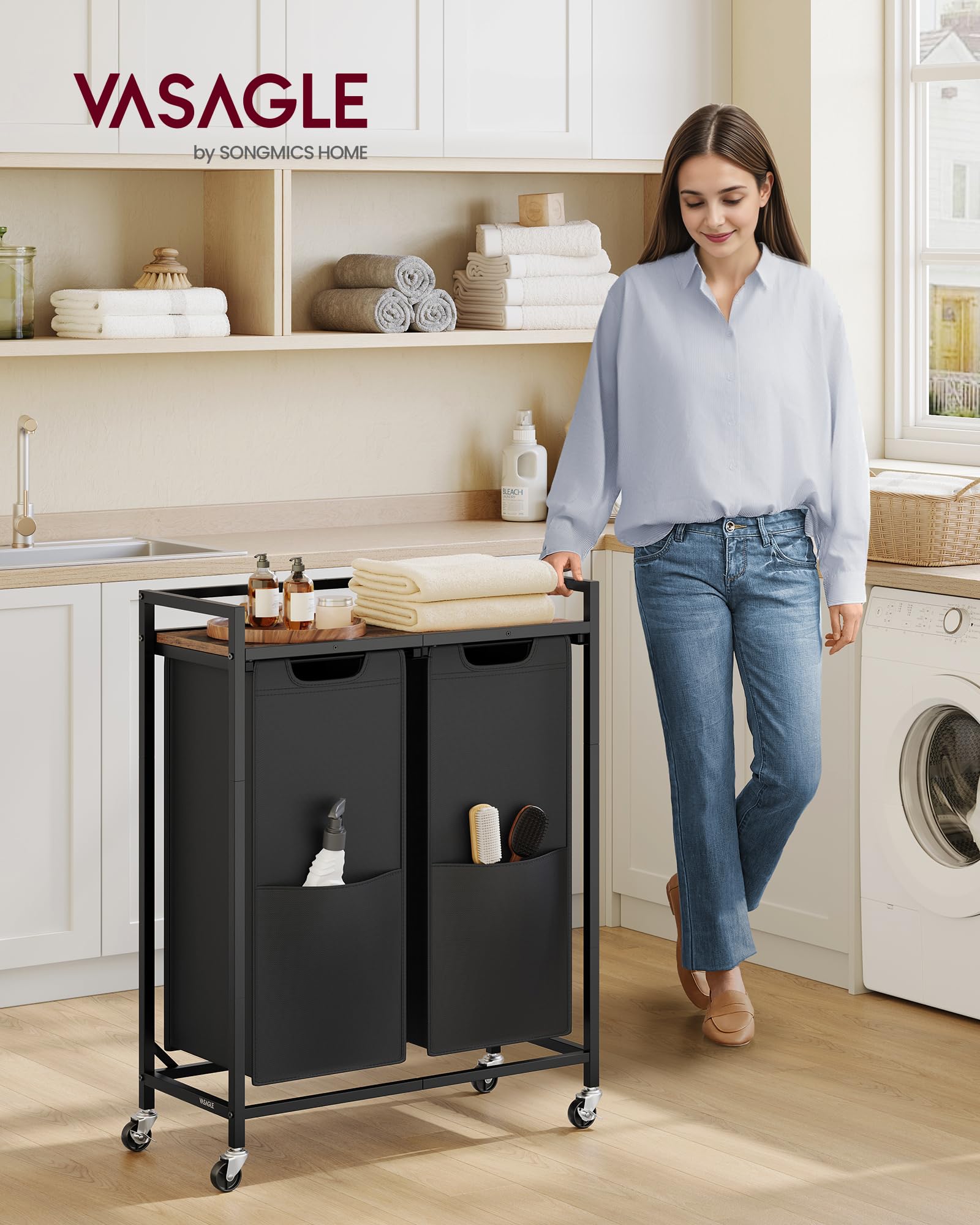 VASAGLE Laundry Sorter bags front pocket stores small items neatly.