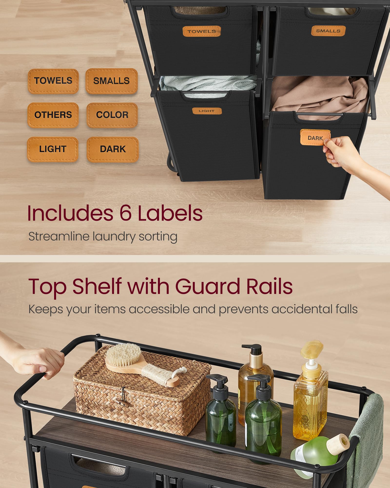 VASAGLE laundry sorter wheels with brakes offer smooth movement and secure parking.