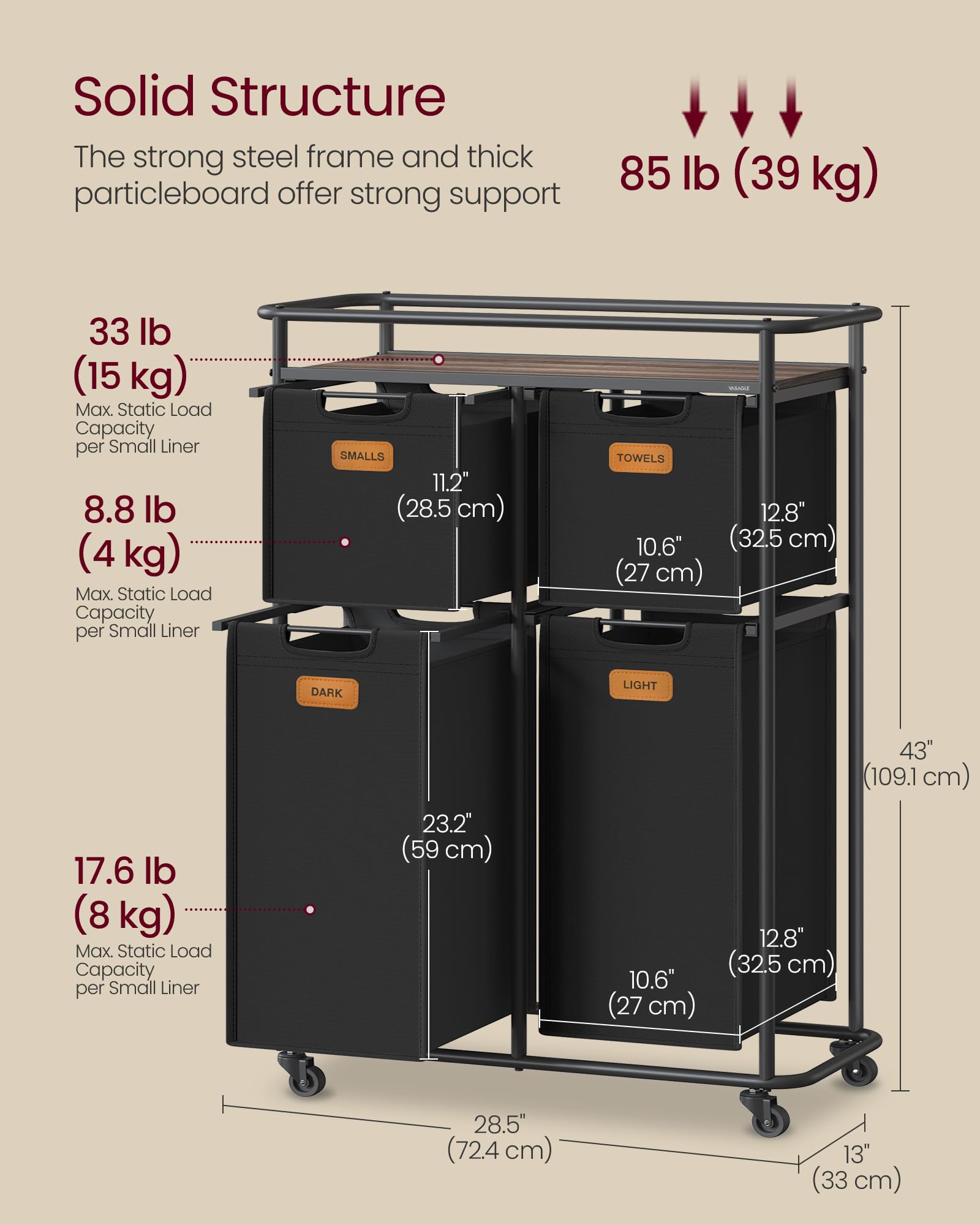 VASAGLE laundry sorter sturdy steel frame ensures stable support during use.