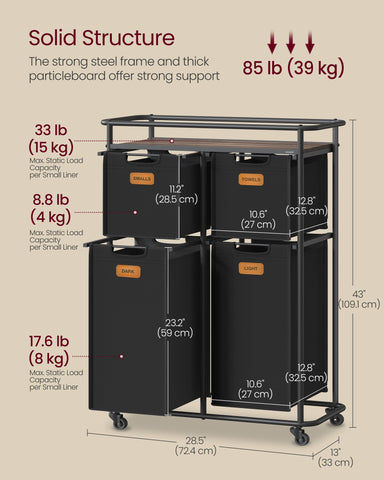 VASAGLE laundry sorter sturdy steel frame ensures stable support during use.