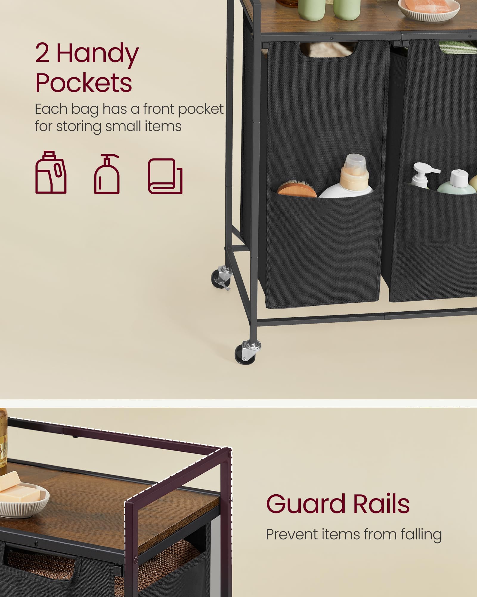 VASAGLE Laundry Sorter pull-out bags simplify loading and removal, ideal for carrying laundry downstairs.