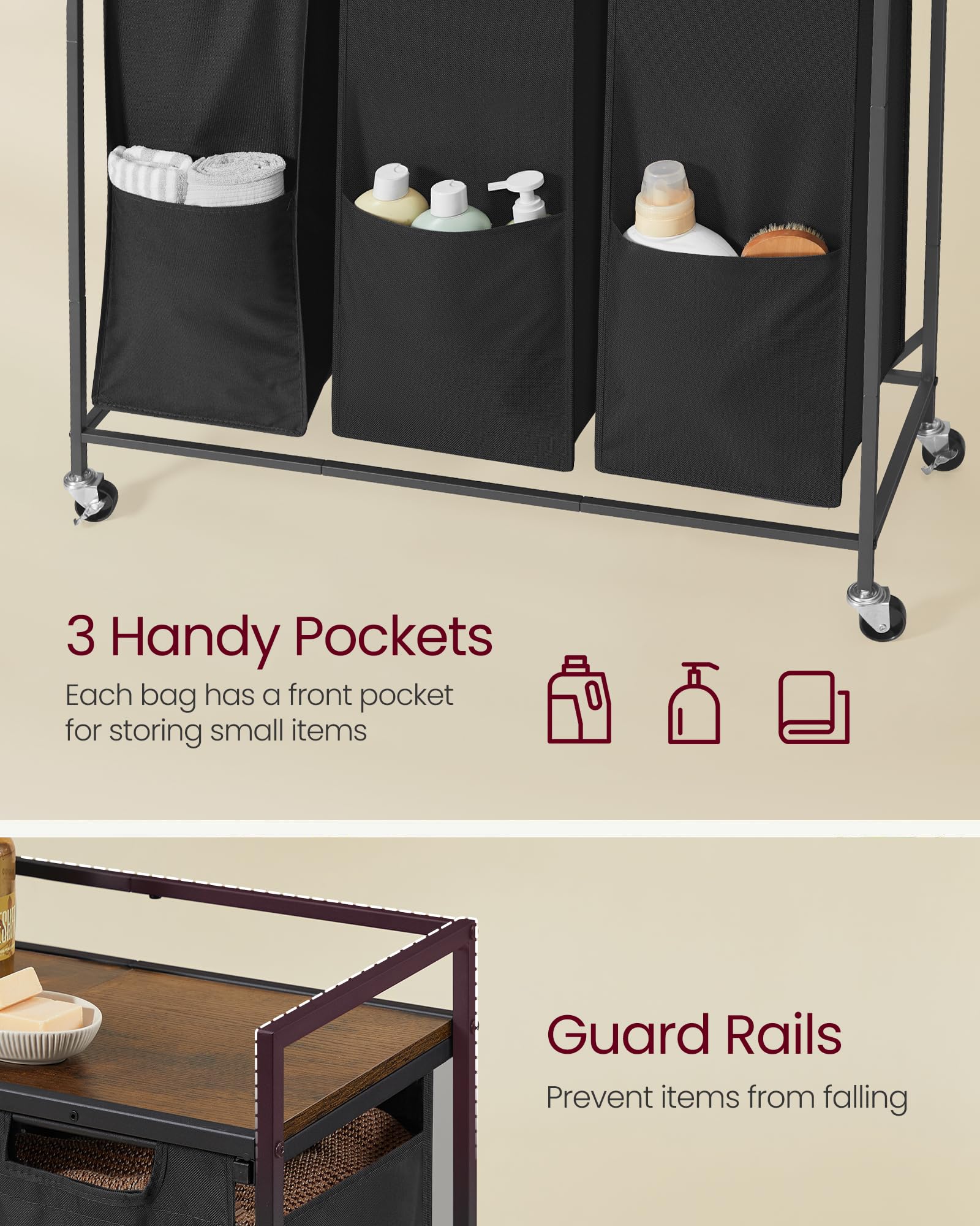 Removable pull-out bags with hook-and-loop fasteners for easy transport.