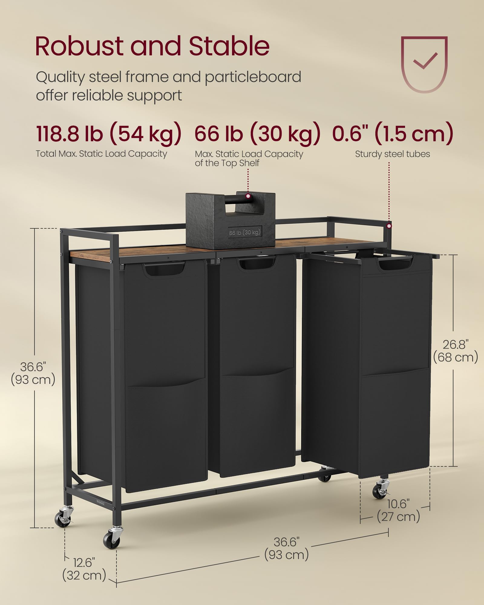 Sturdy 0.6-inch steel frame supports heavy loads with durable construction.