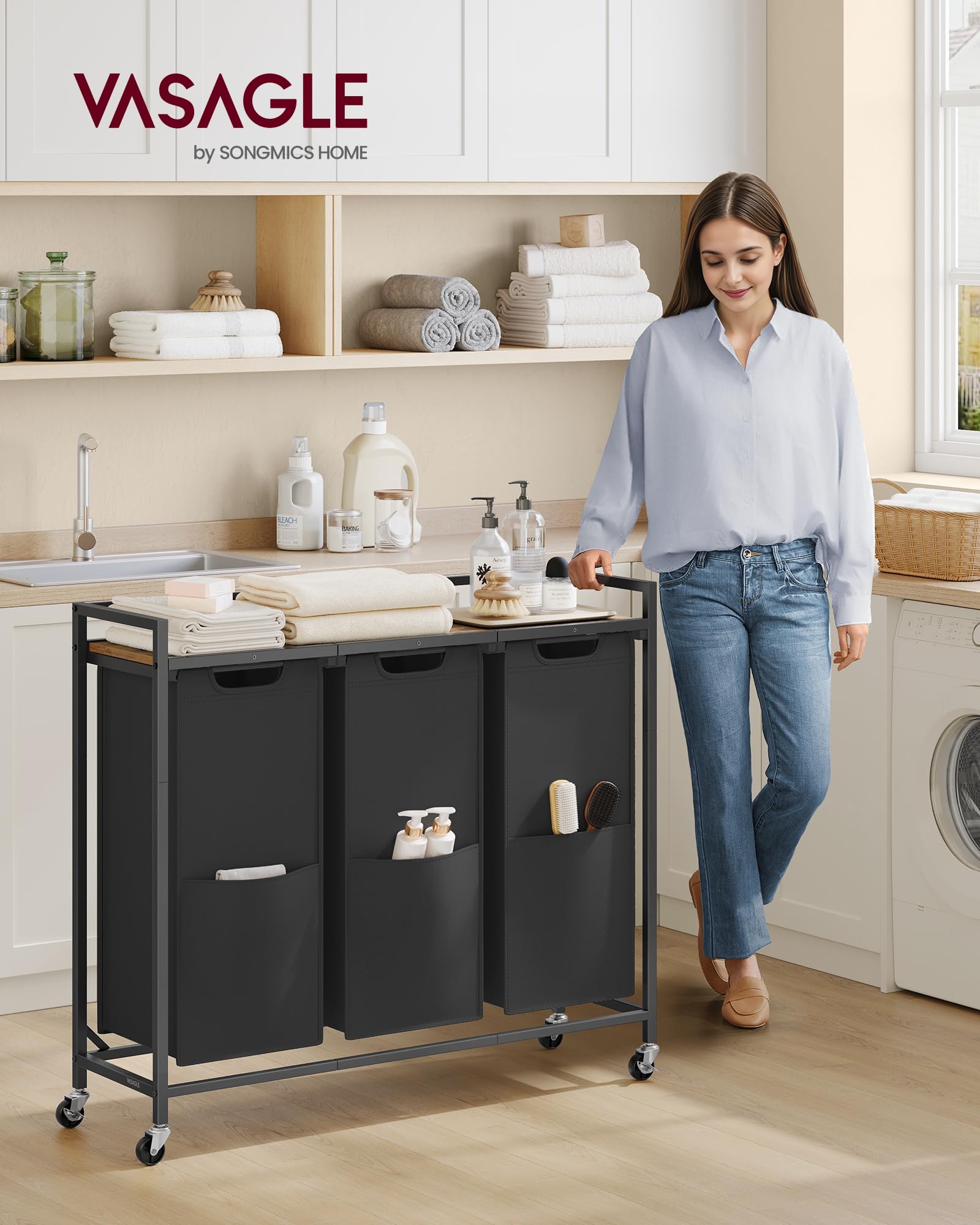 Three-bag system offers 43.5 gallons of capacity for separate loads.