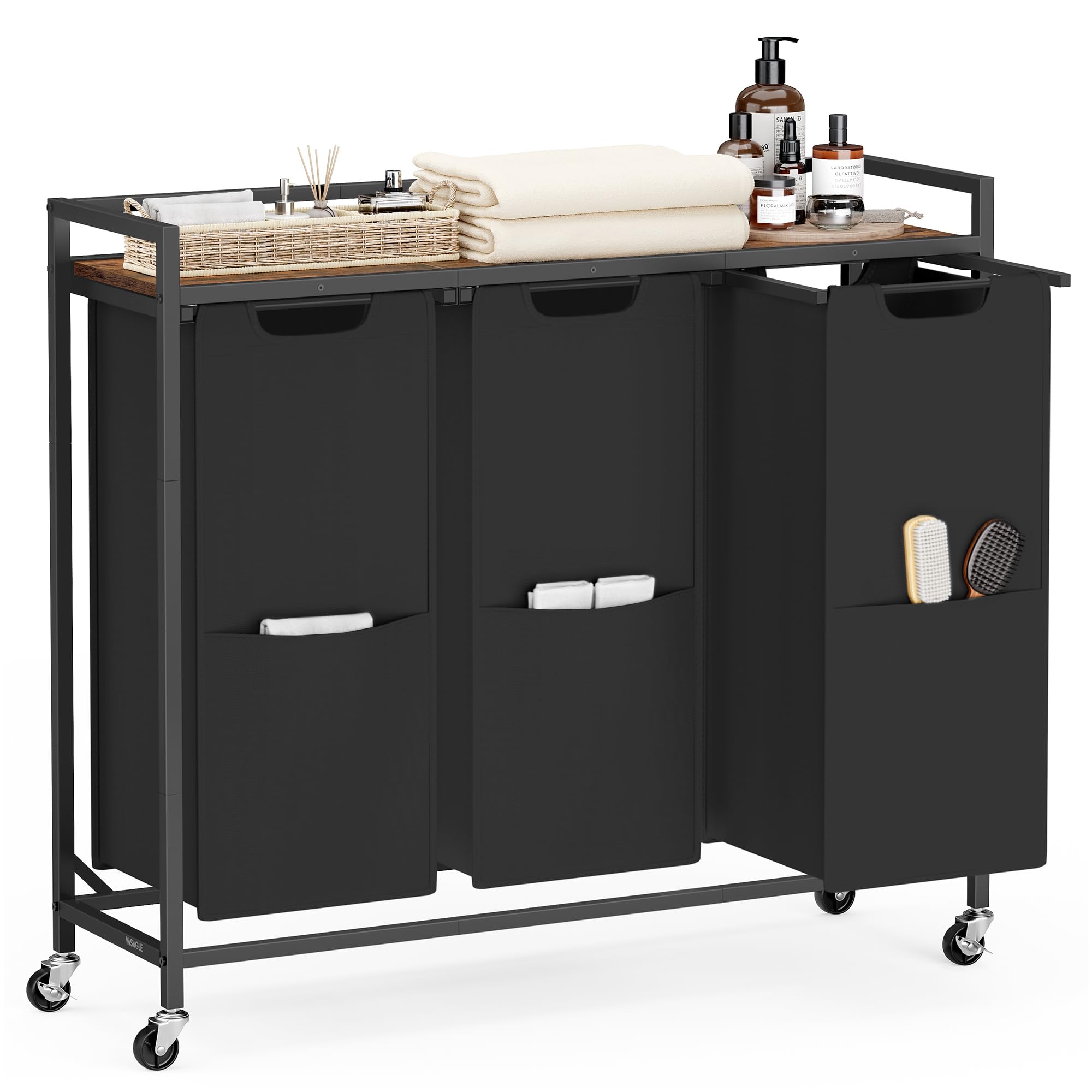 VASAGLE laundry sorter top shelf with guard rails for organized storage.