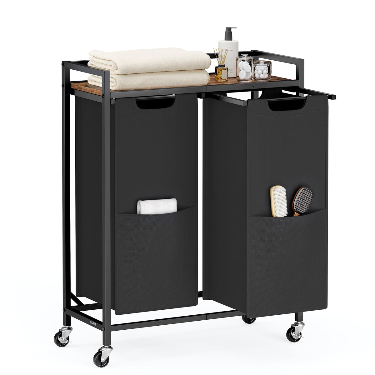 VASAGLE Laundry Sorter top shelf keeps towels and detergents organized.