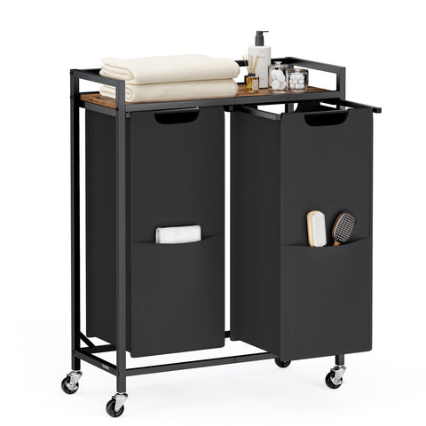 VASAGLE Laundry Sorter top shelf keeps towels and detergents organized.