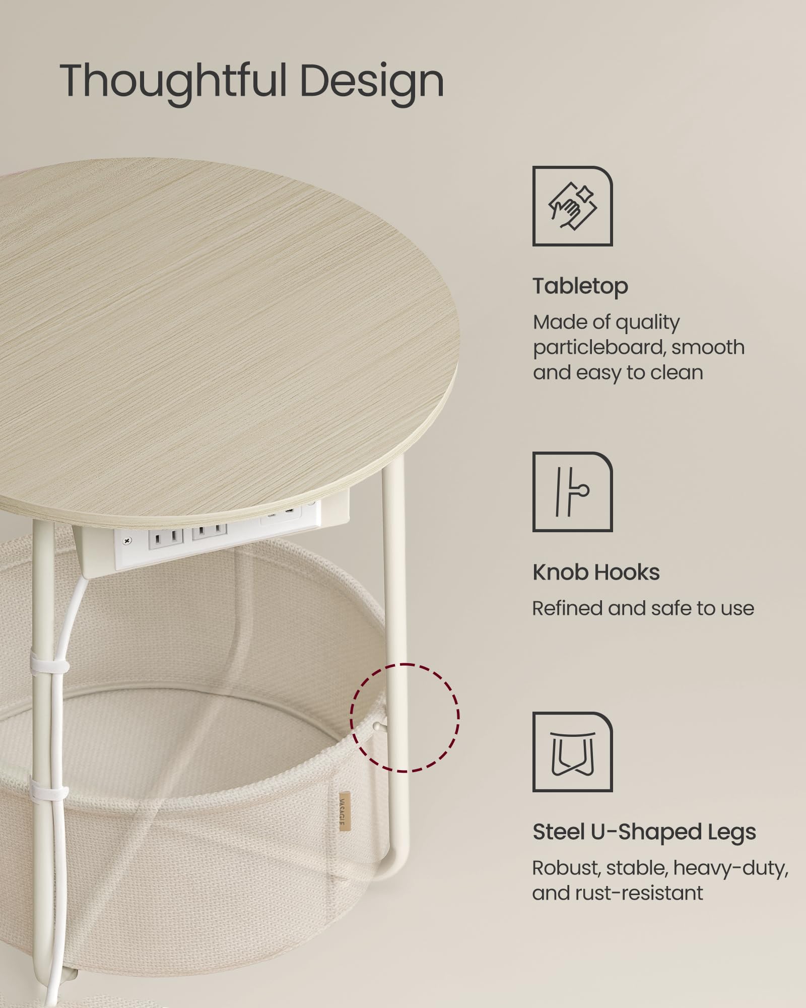 Adjustable feet protect floors and stabilize the table on uneven surfaces