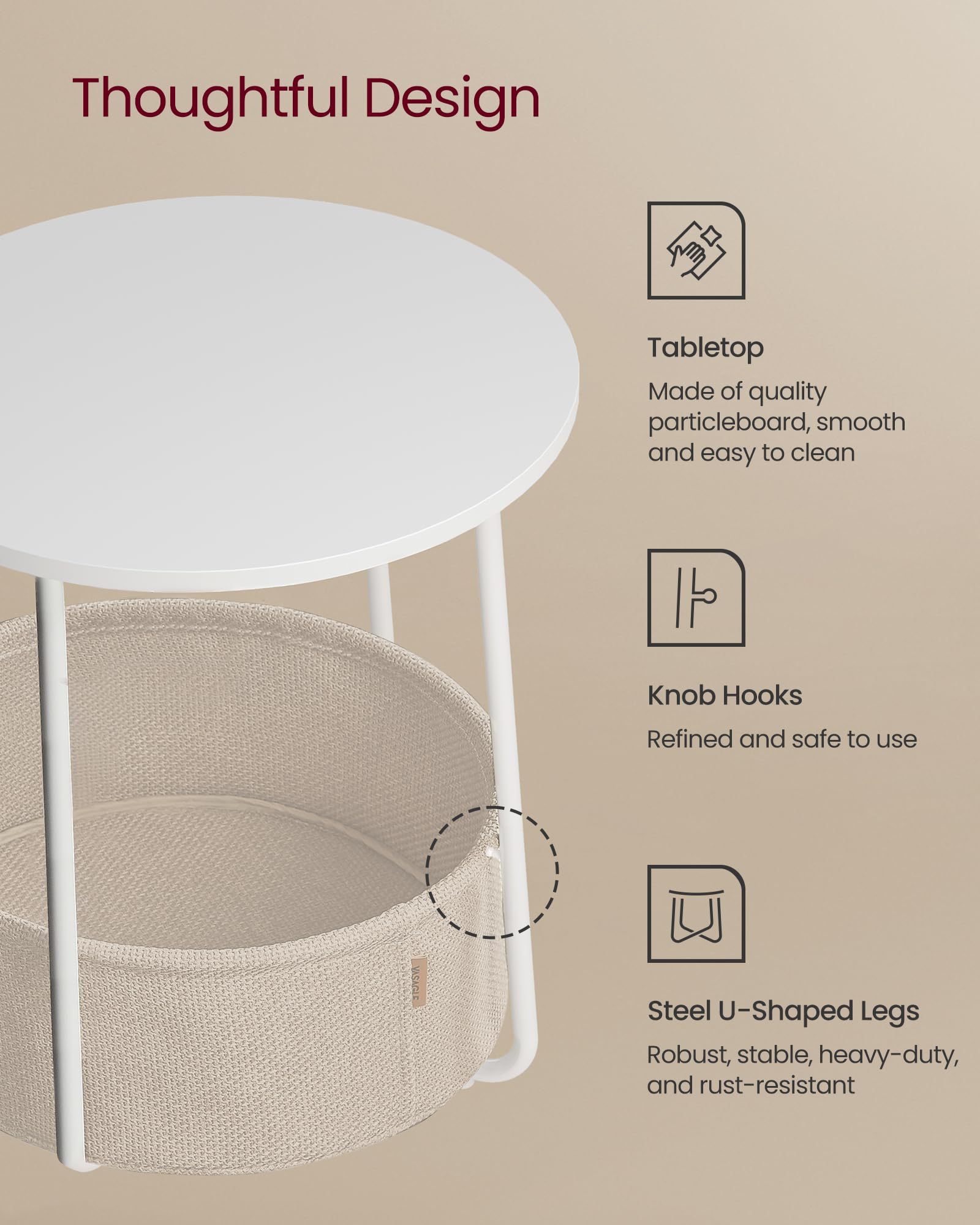 VASAGLE LILEA solid one-piece frame provides stable bedside support.