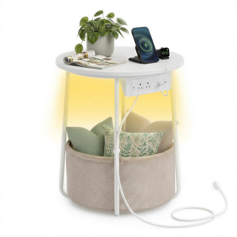 VASAGLE LILEA round side table with charging station and fabric basket for organized living rooms