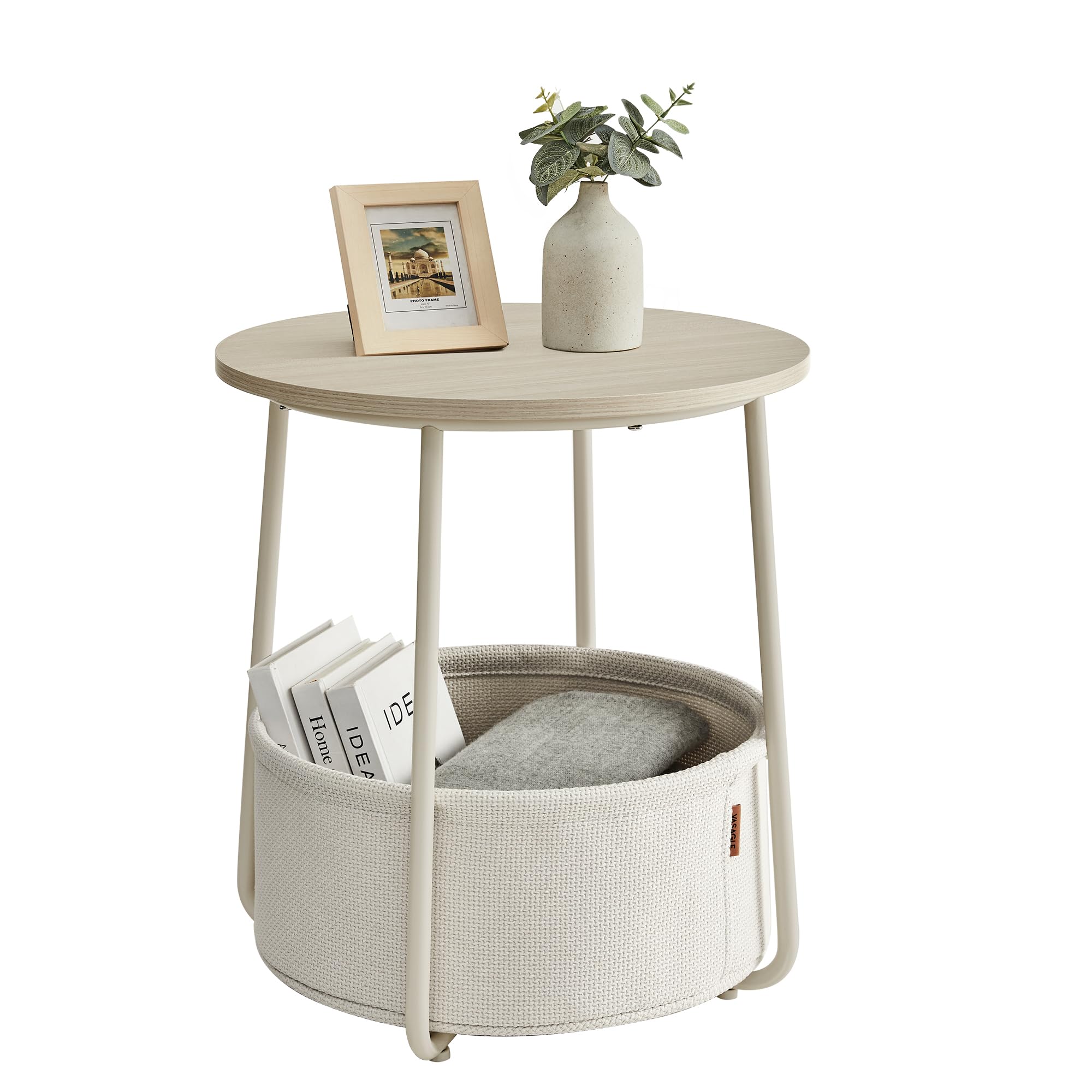 VASAGLE LILEA round side table with fabric basket keeps remotes organized.