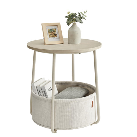 VASAGLE LILEA round side table with fabric basket keeps remotes organized.