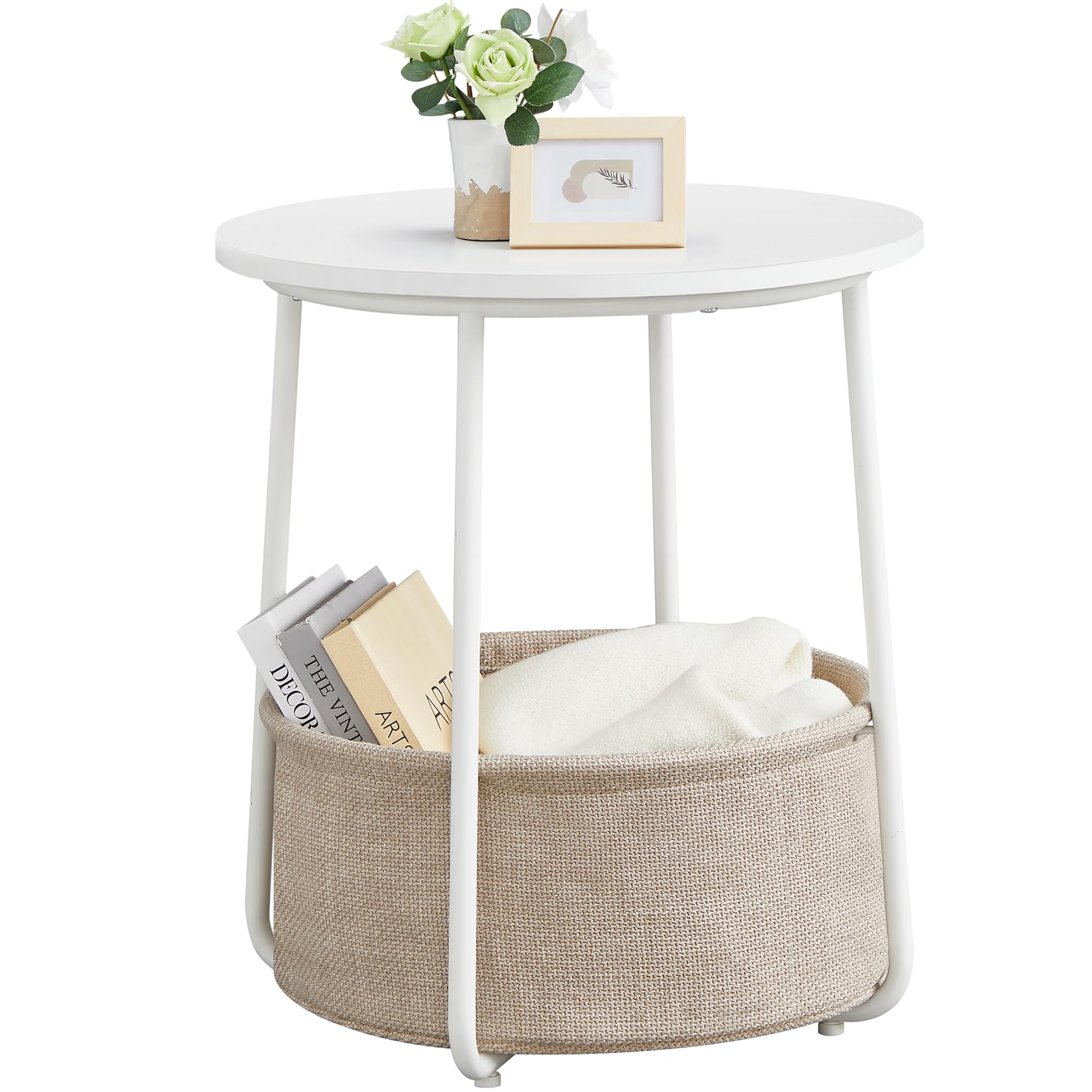VASAGLE LILEA small round side table with fabric basket for compact spaces.