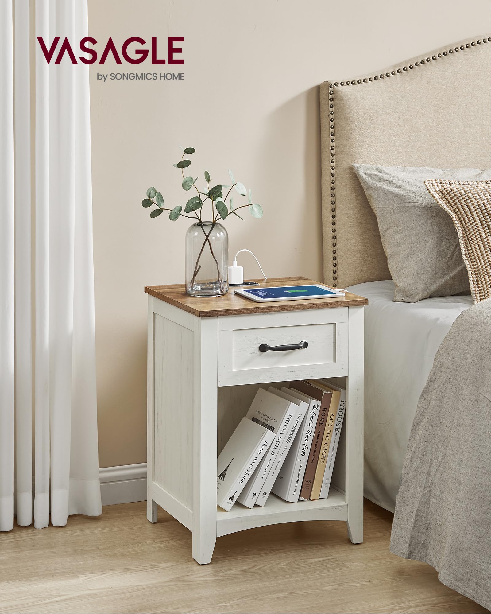 VASAGLE LIRY bedside table drawer keeps glasses and remotes neatly within reach.
