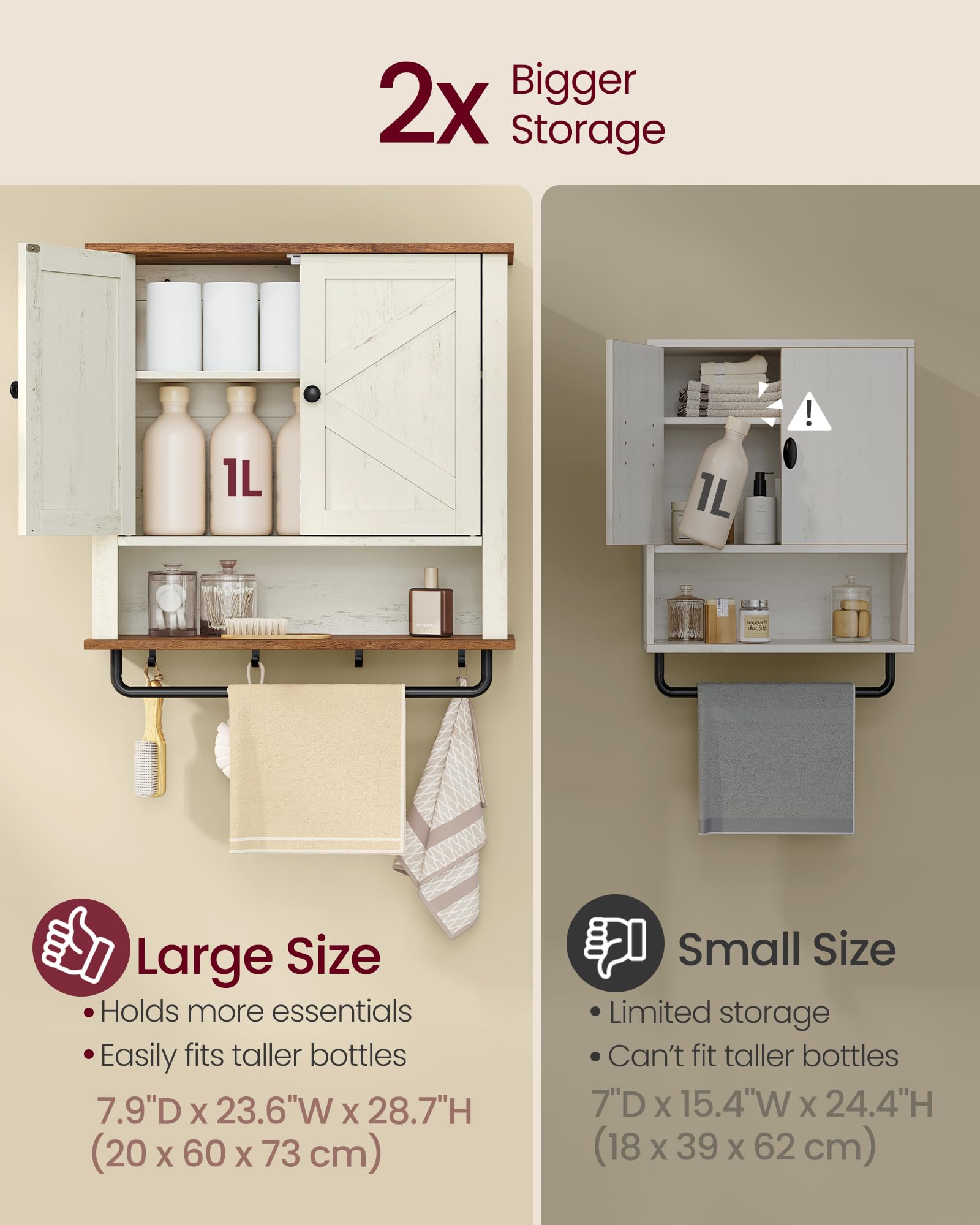 VASAGLE LIRY cabinet adjustable shelf accommodates tall bottles and towels.