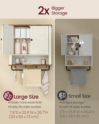 VASAGLE LIRY cabinet adjustable shelf accommodates tall bottles and towels.