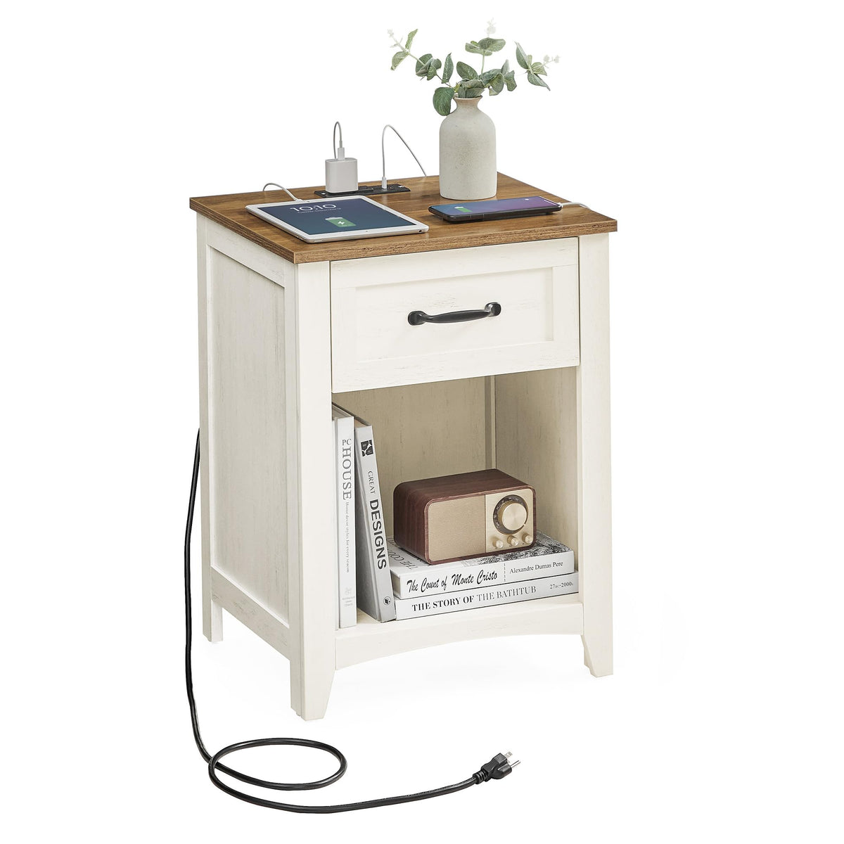 VASAGLE LIRY nightstand with charging station keeps devices powered at bedside.