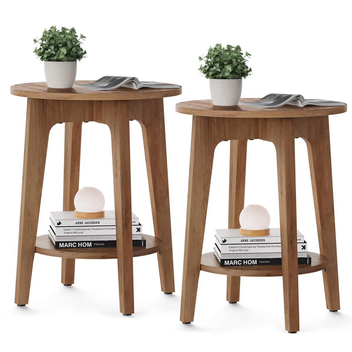 VASAGLE MAEZO 2-tier round side table top view shows a tidy living room surface.