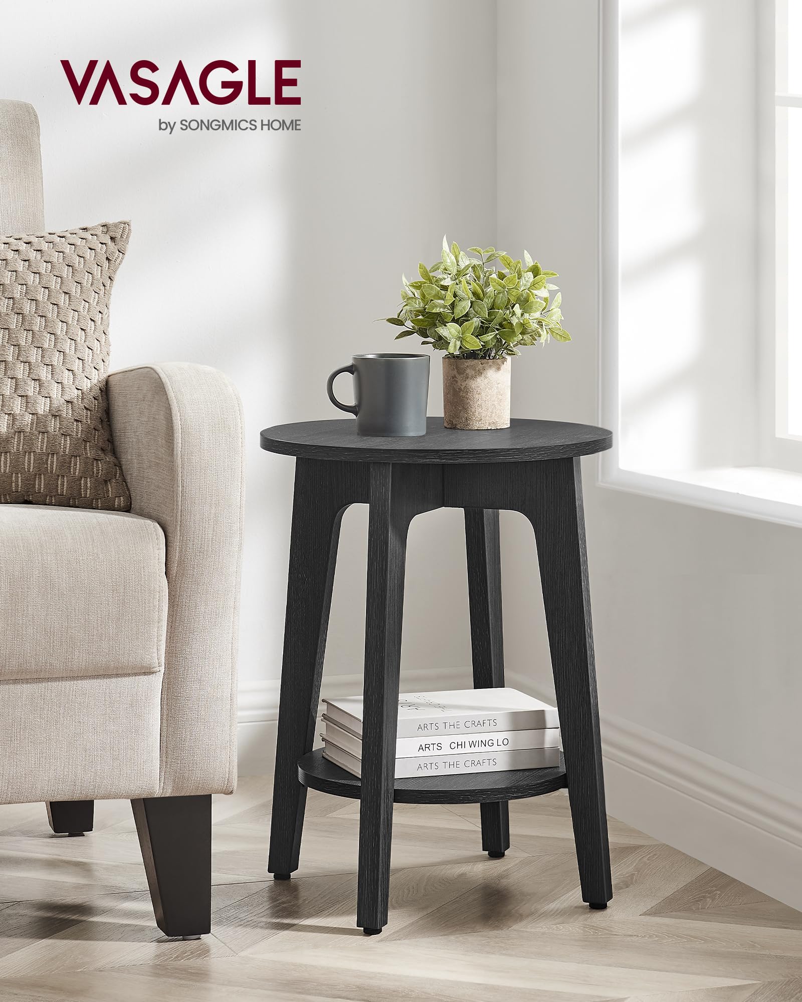 VASAGLE MAEZO 2-tier surface storage ideal for books and beverages.
