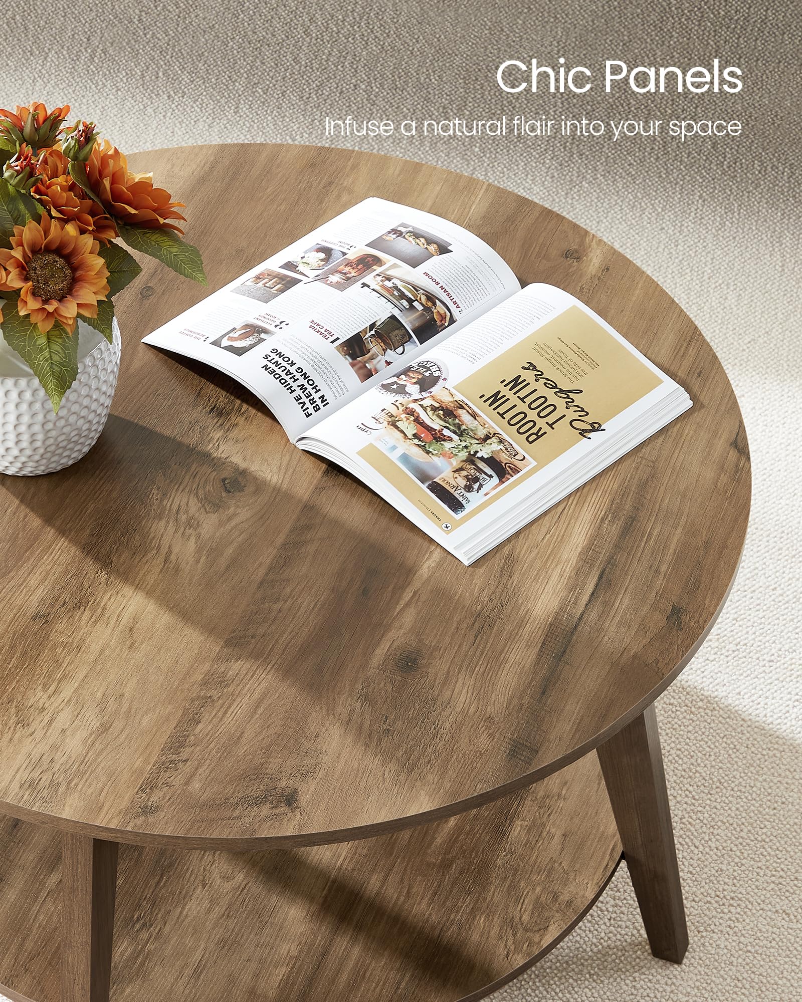 VASAGLE MAEZO round coffee table honey brown finish complements warm interiors