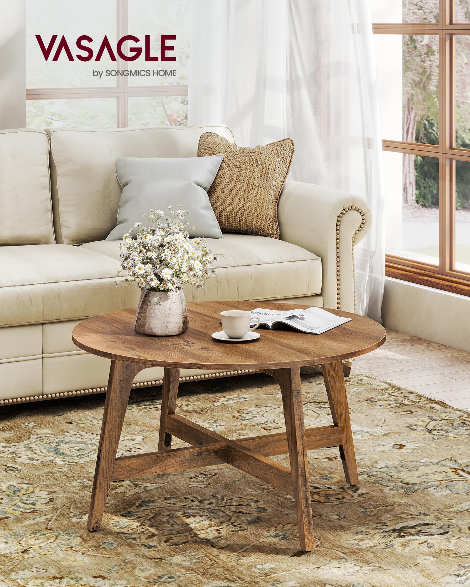 VASAGLE MAEZO round coffee table with tapered legs for mid-century charm