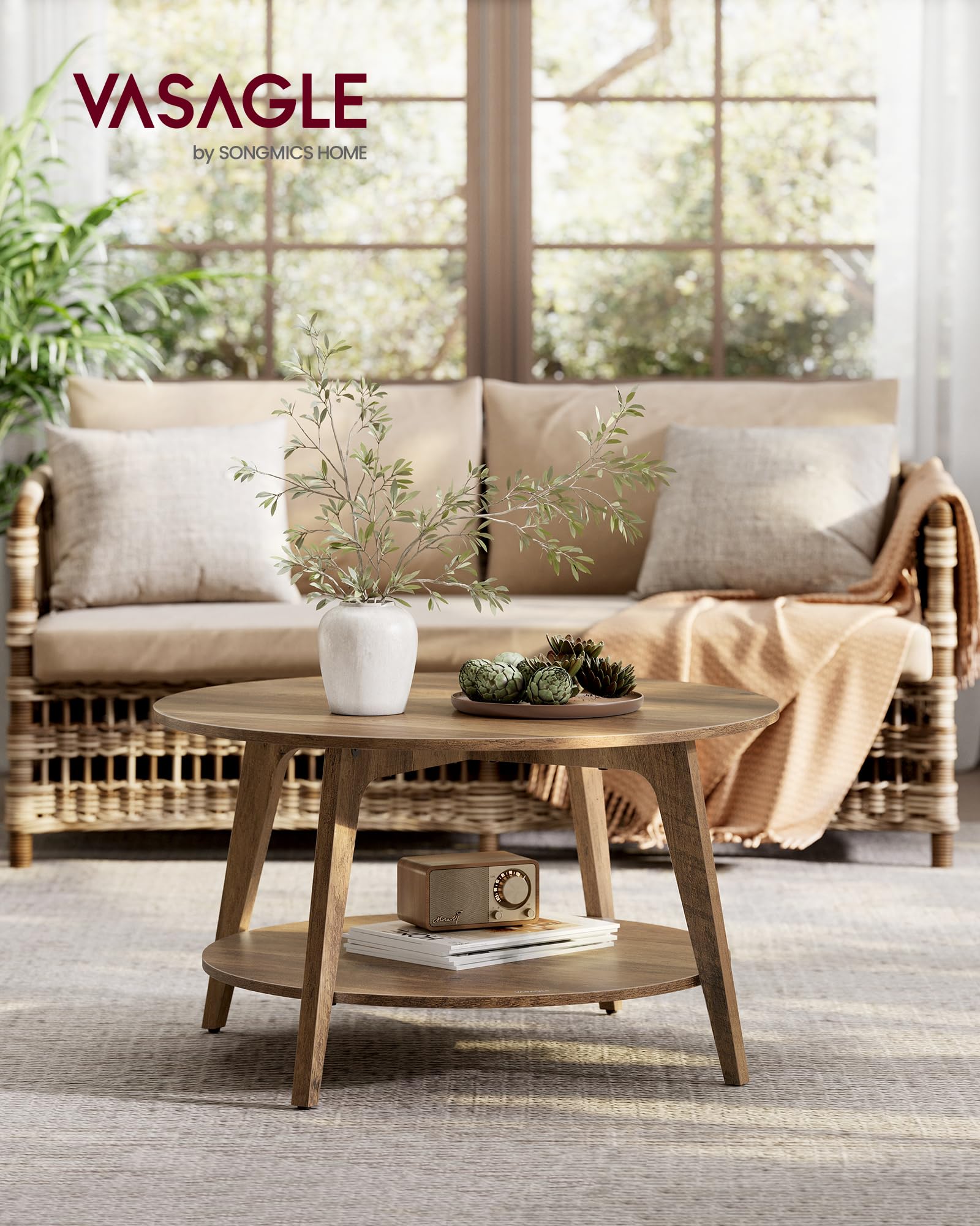 VASAGLE MAEZO round coffee table two-tier storage keeps remotes organized