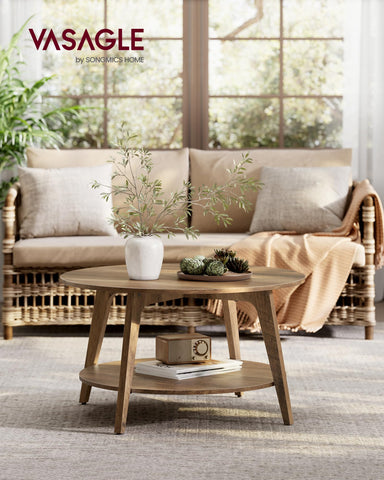 VASAGLE MAEZO round coffee table two-tier storage keeps remotes organized