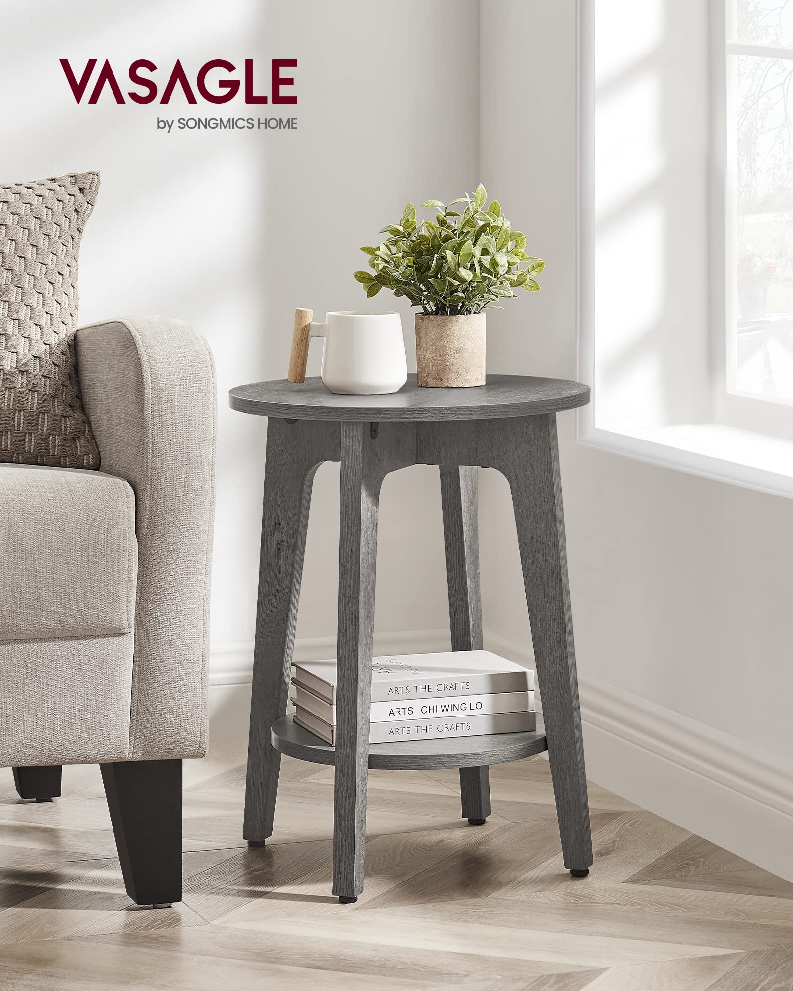 VASAGLE MAEZO side table two-tier shelves showcased in a cozy living room.