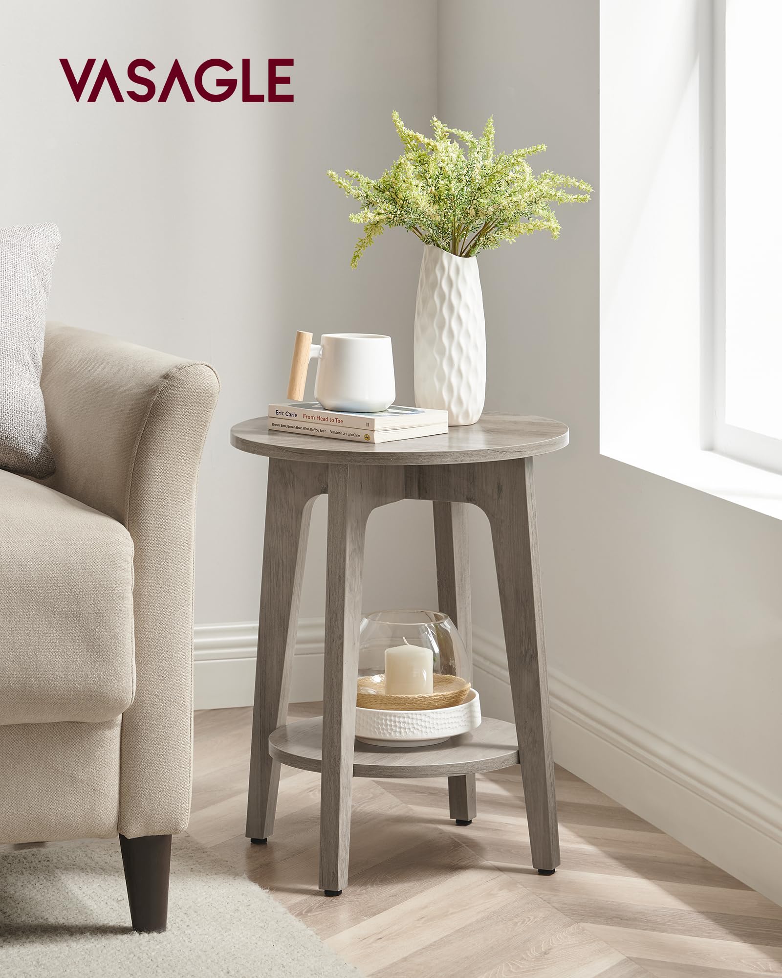 VASAGLE MAEZO side table with two-tier storage keeps essentials organized.
