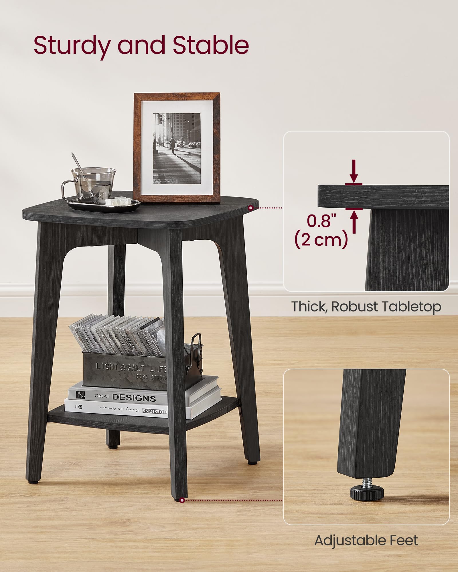 VASAGLE MAEZO small footprint table fits beside sofa.