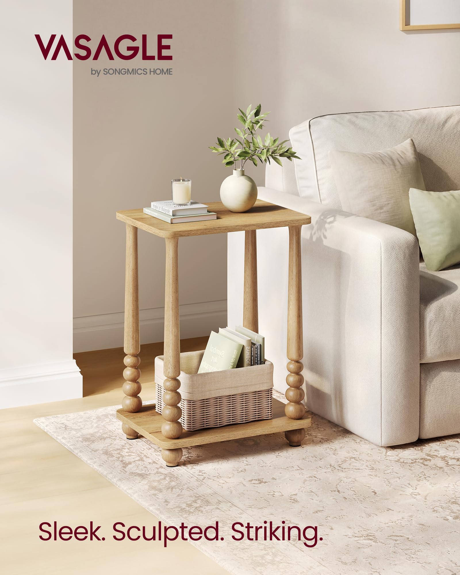 VASAGLE Mariel side table shows turned-column detailing for mid-century charm.