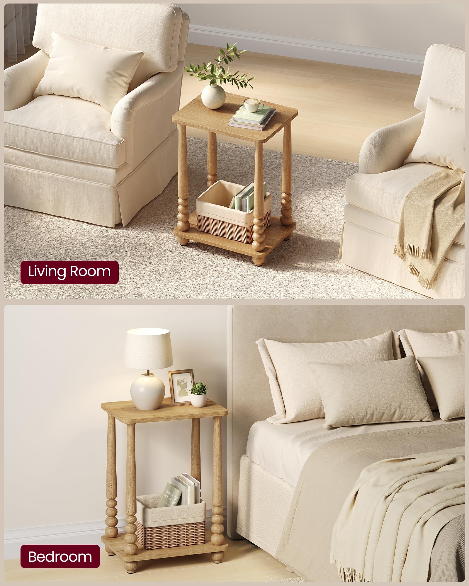 VASAGLE Mariel top surface supports lamp and decor with lower shelf storage.
